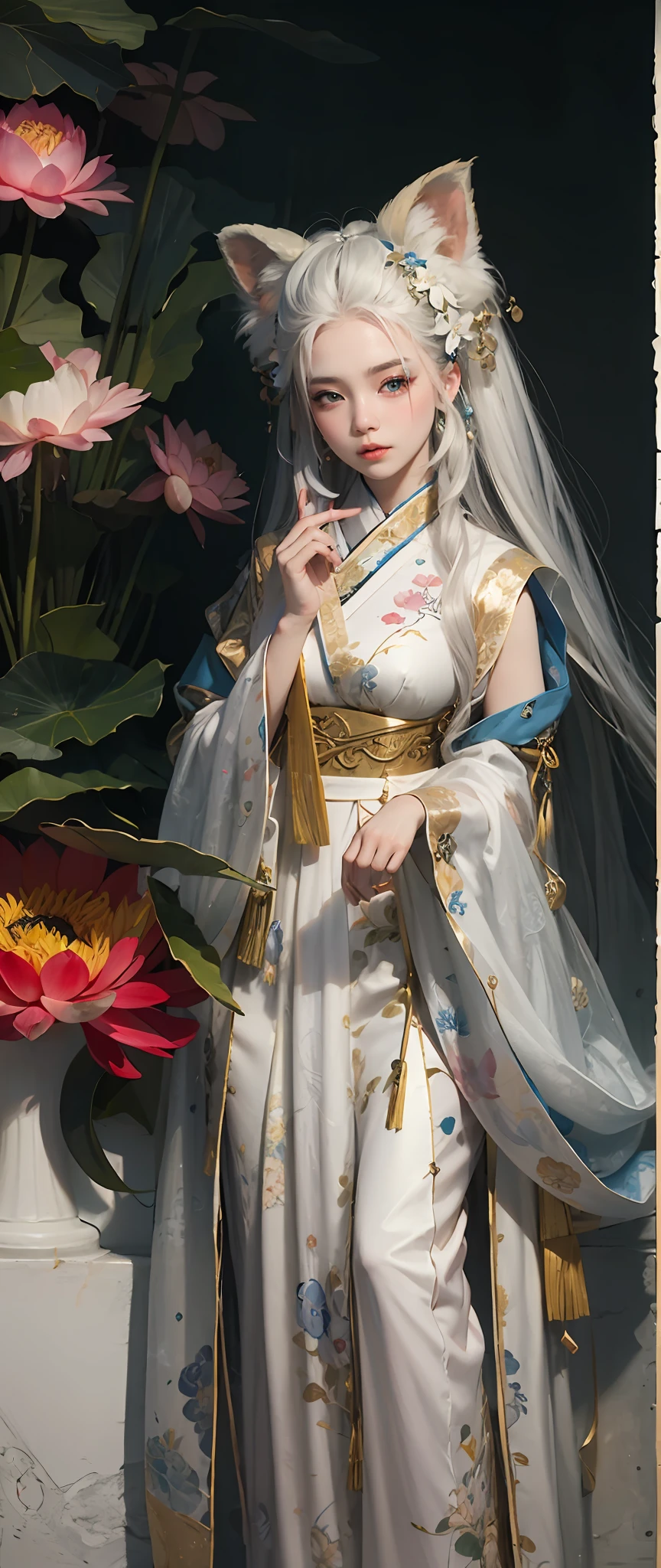 ((4k,masterpiece,best quality)), shuimobysim, Chinese painting, lotus, hanfu, maxiskit, dressed conservative 1 girl, solo, white hair, long hair, fox ears, white, bikini, fish, many fish close to the girl, looking at the audience, teasing