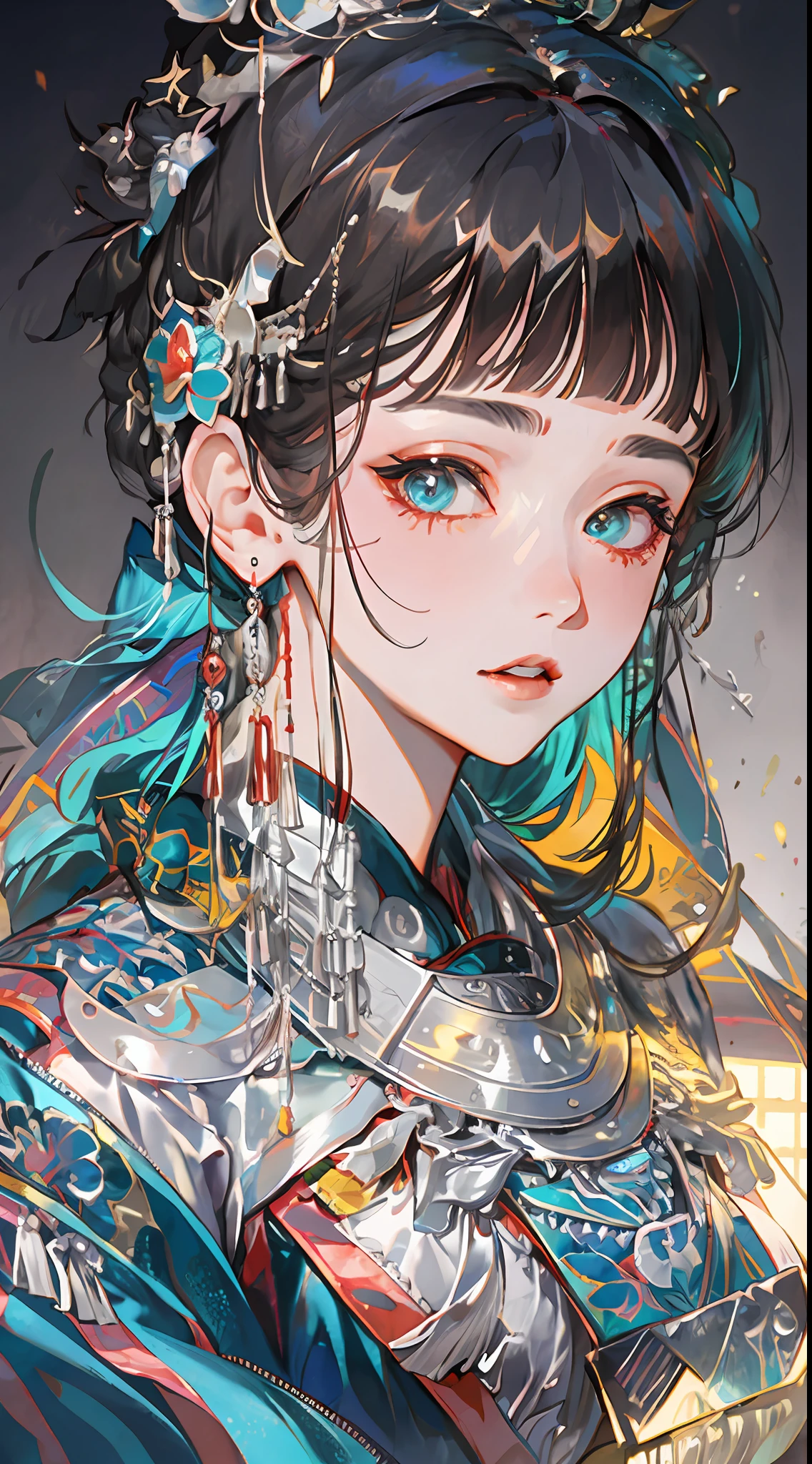 an illustration of a woman in traditional chinese costume, in the style of anime aesthetic, 32k uhd, blink-and-you-miss-it detail, beautiful, anime-inspired characters, beige and aquamarine, close-up,