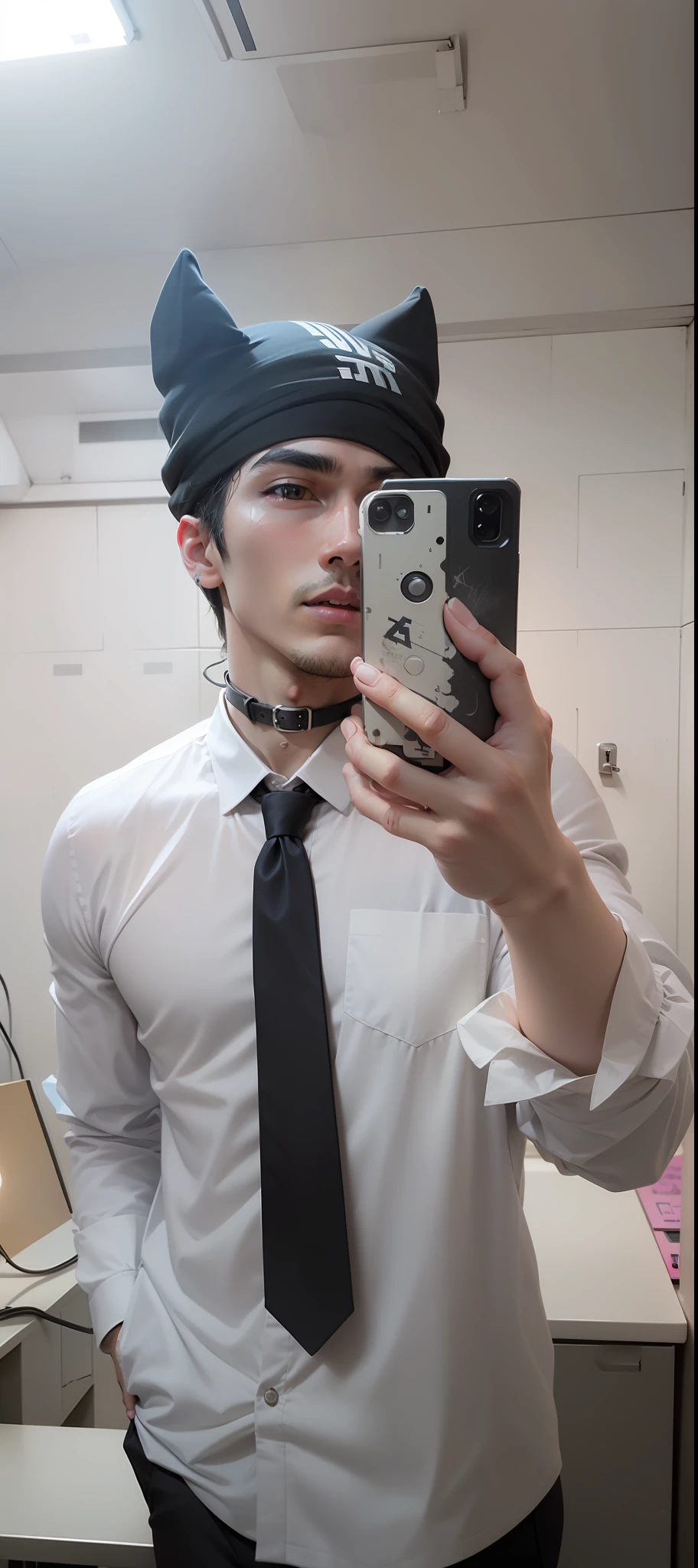 cinmatic lighting， photorealistc， Forcing Allah righteousness， hyperphotorealism， professional photoshooting， The ultra -The high-definition，m，锁链，Gay men，Libido，cleavage selfie