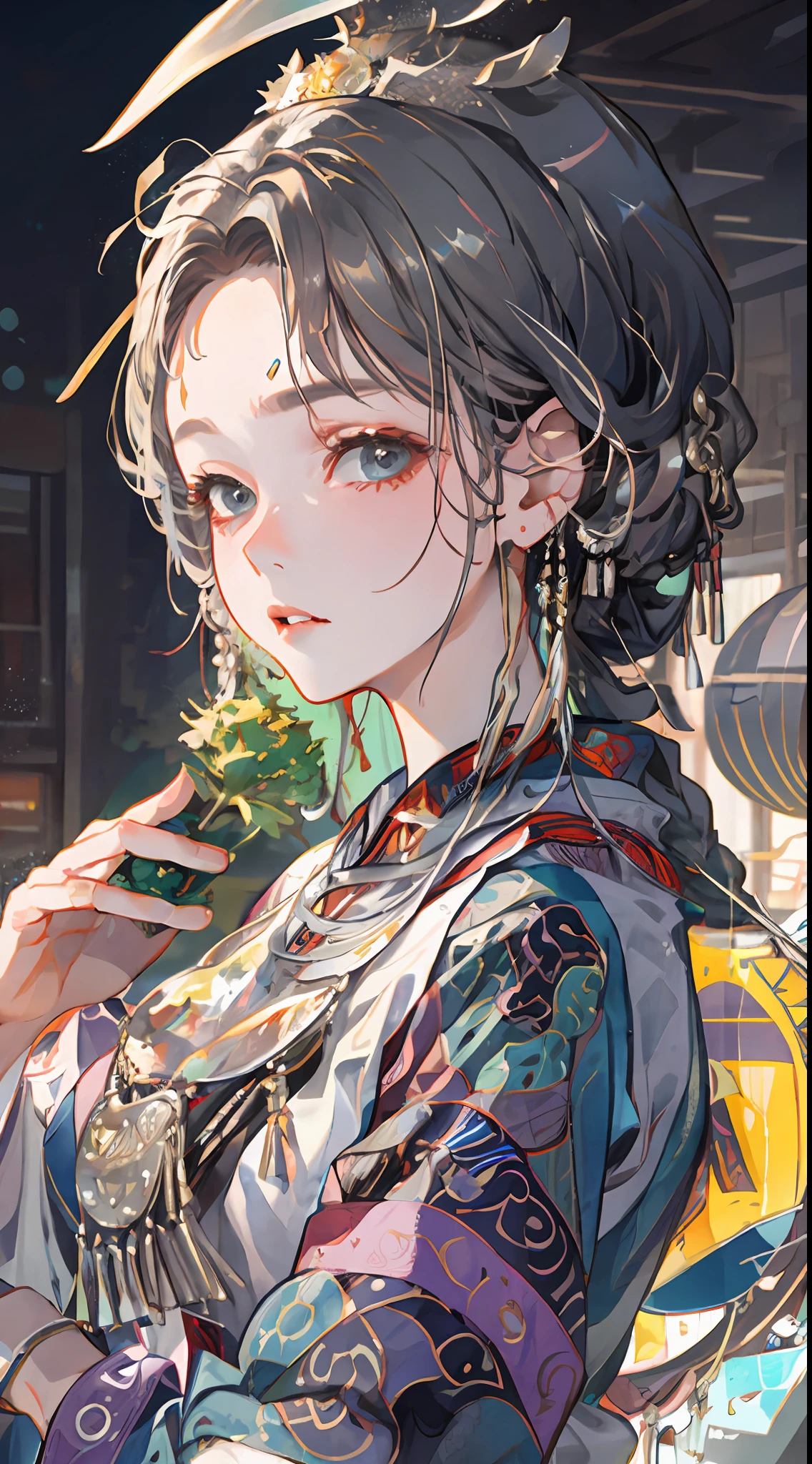 an illustration of a woman in traditional chinese costume, in the style of anime aesthetic, 32k uhd, blink-and-you-miss-it detail, beautiful, anime-inspired characters, beige and aquamarine, close-up,