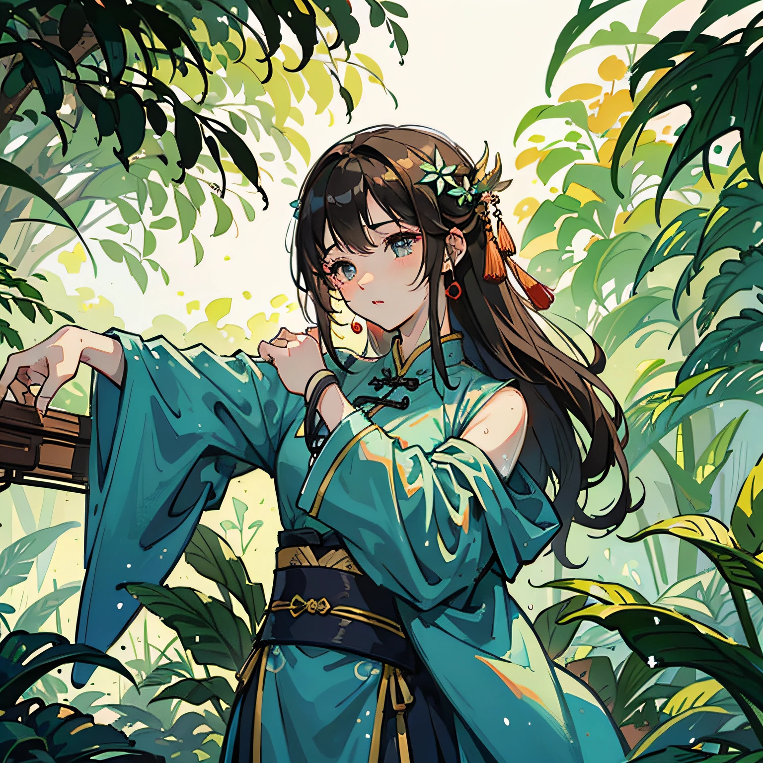 Wet and breathy,A girl with wavy hair that stretches shoulders,Dressed in gorgeous Hanfu,The background is a beautiful Chinese palace,There are shady plants around,The sun shines on her through the leaves。 --auto