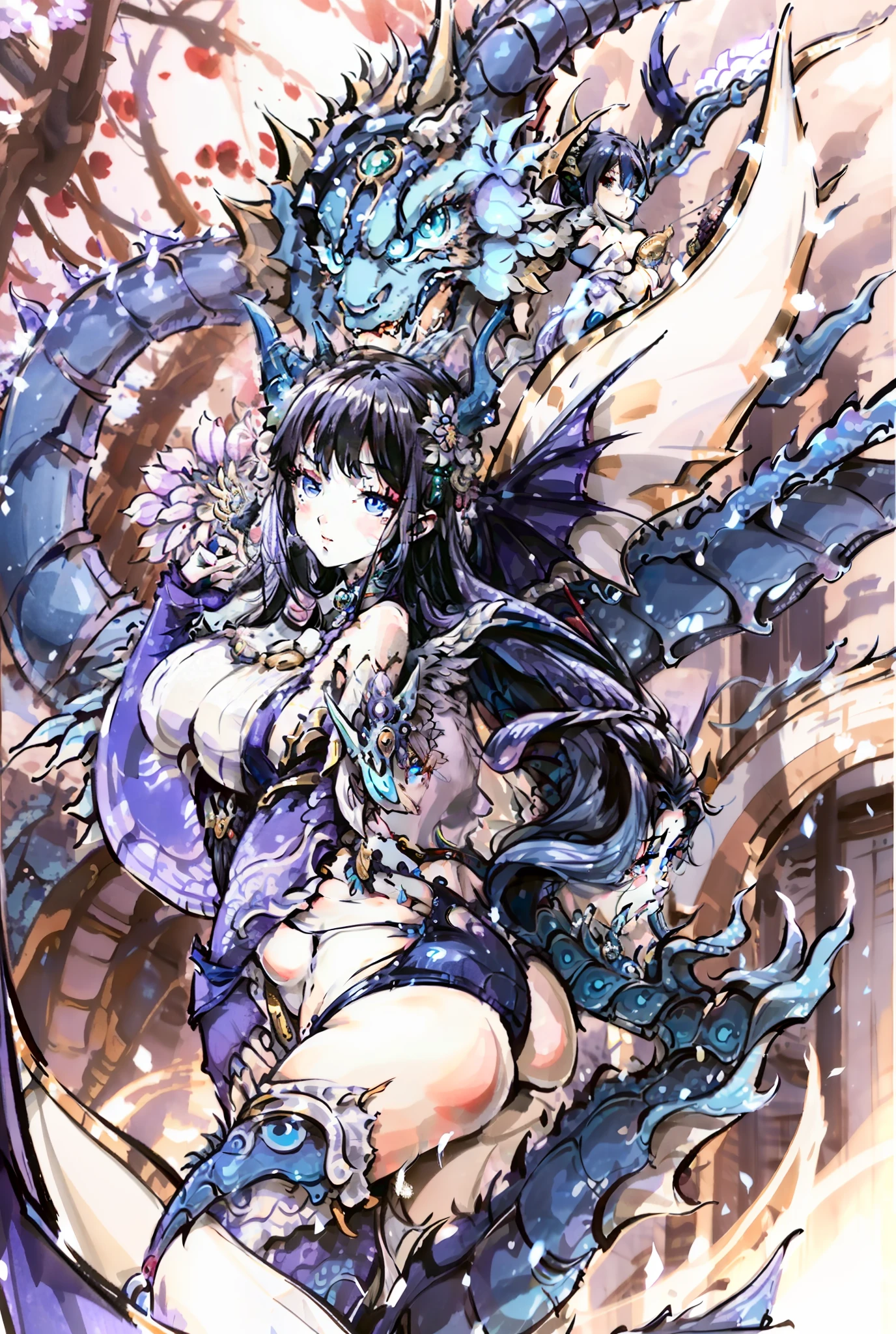 Blue Western dragon，blue  hair，Blue eyes，white swimwear，Purple flowers，Bigchest，Big ass，Dragon wings，Dragon's horn，Beauthful