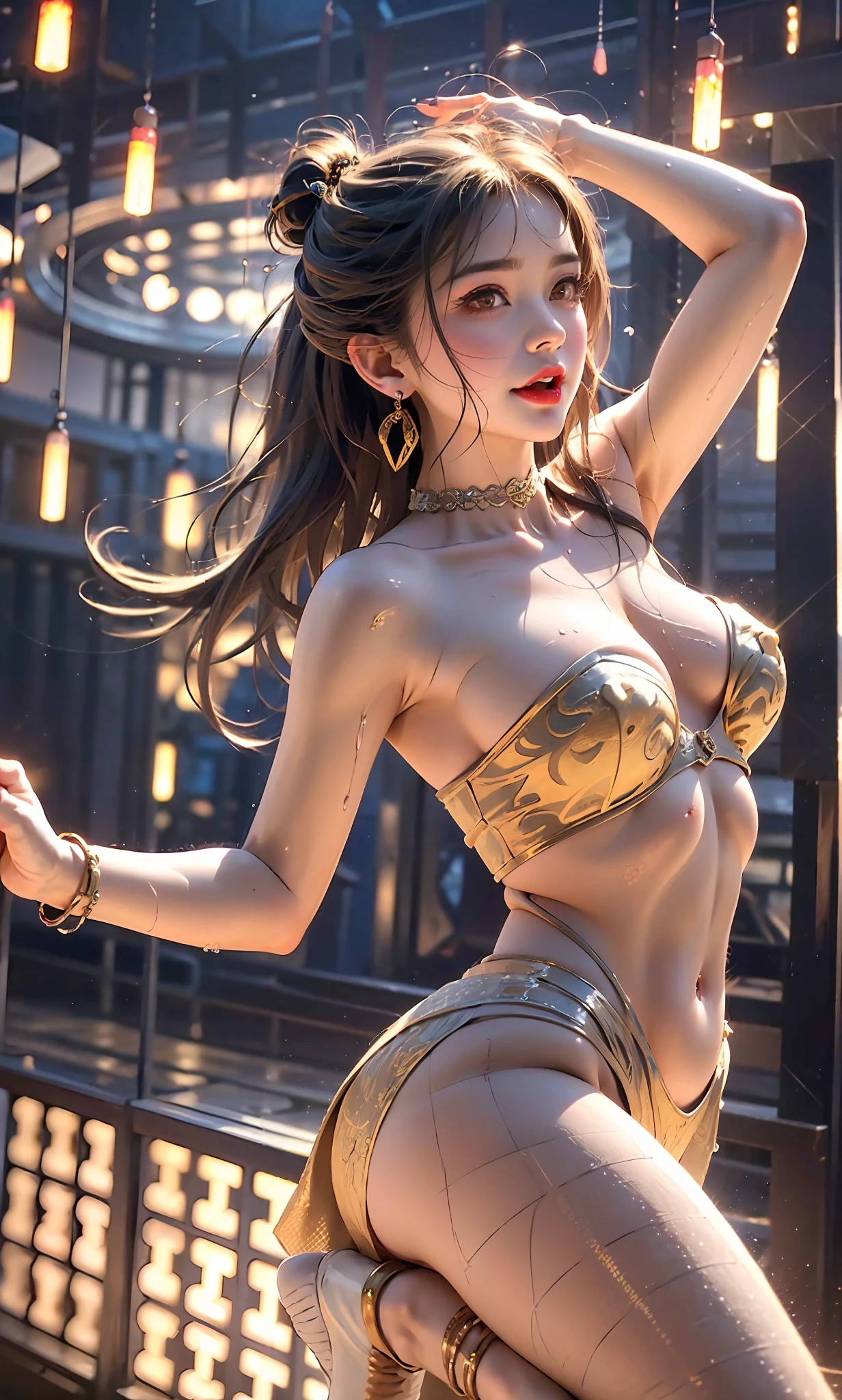(RAW: 1.2), (Realistic: 1.4), (Clarity: 1.4), (Three Women), 16 years old, ((Height: 2.0))), ((Obesity: 1.6))(((Tongue studs), (Lip nails), (Umbilical nails), Gemstones Refract Dazzling Light))), ((Breasts: 1.8), (Areola: 2), (Abs: 0.7), (Buttocks: 2.0), (Pale Skin, Thin skin, seductive expression, Double eyelids, jelly textured lips, glowing lips, Cherry small mouth, small upturned lips, lip studs under the lips, pattern under the eyes, gold pattern tattooed on the forehead, diamond setting on the forehead, shiny hair on the forehead, (((flawless skin texture))), real pores, textured skin, (wearing gems, pearls, emerald, amber,), (dynamic hair, high ponytail hairstyle, beaded hairpins, layered hair, wet hair, loose hair, wet skin texture), sweat dripping all over, shiny skin, glowing skin, radiant, eyes looking at the camera, High Quality Detail, Cinematic Lighting, ((Backlight)),Absurd, Unbelievably Ridiculous, Huge File Size, Ultra Detailed, High Resolution, Very Detailed, Best Quality, Masterpiece, Illustration, Very Detailed, CG, Unified, 8k Wallpaper, Amazing, Fine Detail, Masterpiece, Light on Face, Backlight, Cinematic Lighting, (((Wide Angle Lens)))), (((Fisheye))), ((Side to Lens)), ((View from below)), ((Height Jumper's Stature Proportions)),((( No panties)))),(((No pants)))),(No socks)))),((No skirt)))),((No shoes)))),(Barefoot))),((Dynamic Pose)), (Fighting Stance))), ((Whole body))), ((Leg Raise)), (Leg Apart)))), (Greek Foot), (Carefully Groomed Nails),(((Delicate Small Toes, Perfect Toes)))), (Camel Toes),((Correct Body Structure)),((( Correct dissection))),(((Clothing: wedding dress made of transparent plastic, slit design))),((Gemstones, diamonds, pendants, necklaces, waist chains, stud earrings, earrings, bracelets, anklets)),((Imperial sword flight, clothes fluttering with the wind))),(((Cloudy and ethereal world))),(Flying sword with gemstones))),(Golden runes painted on the body))),((Body floating in the air, feet in the air, toes off the groun