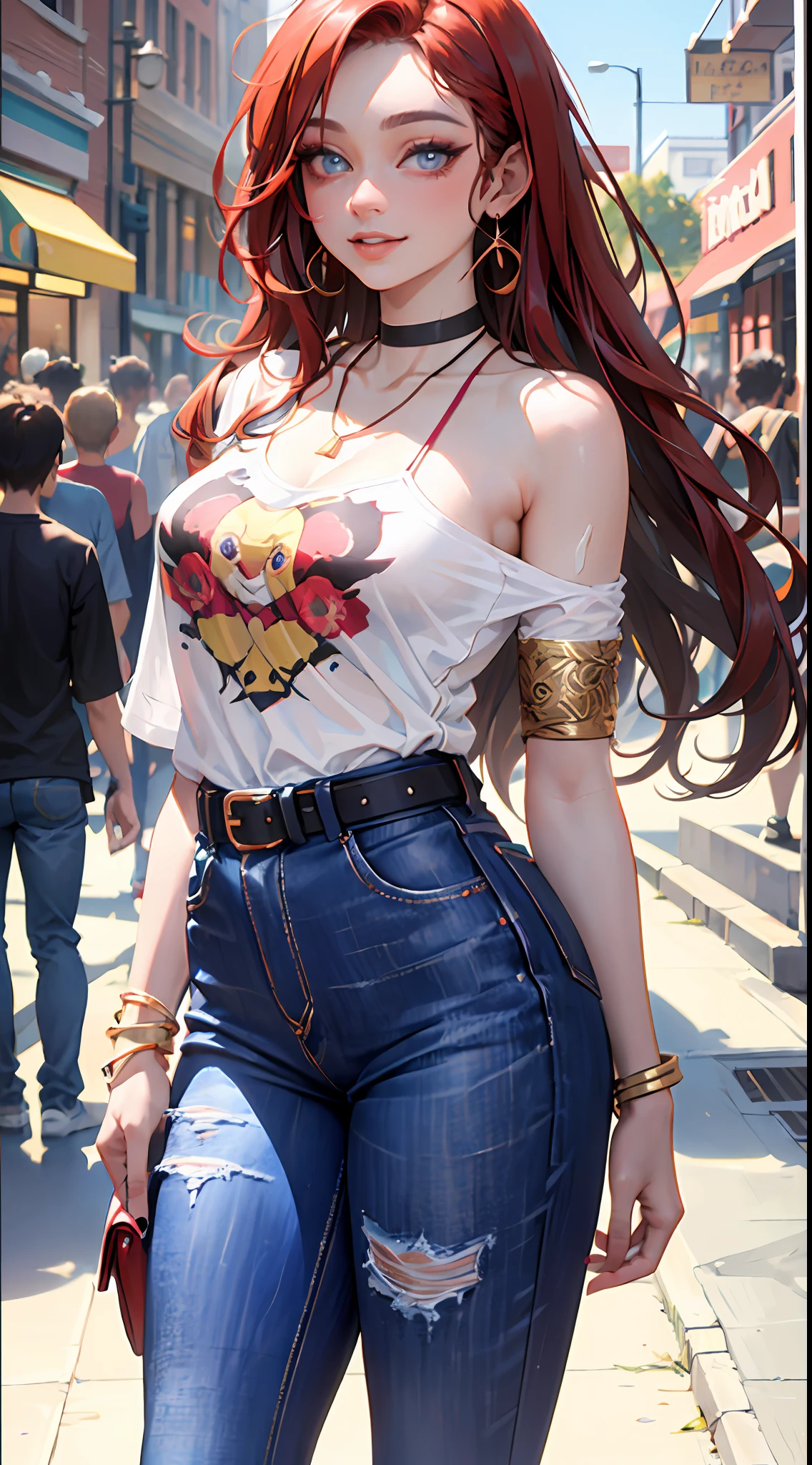 (masterpiece:1.2), (best quality:1.2), perfect eyes, perfect face, perfect lighting, 1girl, mature female, smiling, long red hair, straight hair, sophisticated haircut, stylish, single bare shoulder shirt long, music band print, jewelry, necklace, earrings, armlets, lacey choker, belt, low cut black jeans, thick eyelashes, makeup, eyeshadow, detailed mall background, crowd