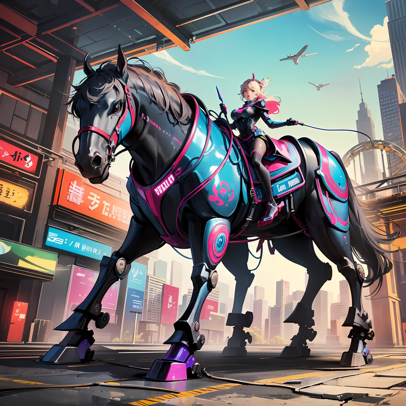 a horse ridering on a blade runner style mechanical horse on a futuristic cyberpunk society (like blade runner) on mars --auto