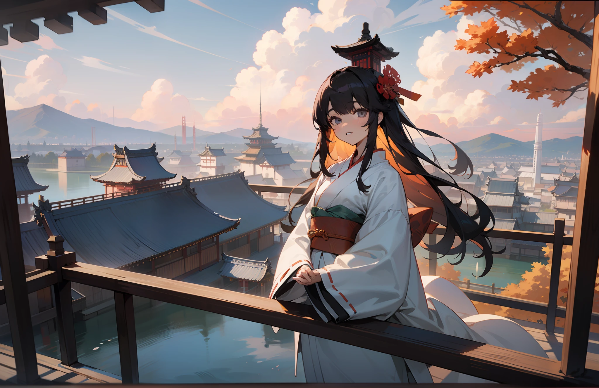 1girl,architecture,autumn,bangs,black_eyes,black_hair,bridge,building,bush,castle,chinese_clothes,city,cityscape,cloud,cloudy_sky,day,east_asian_architecture,fence,flower,garden,gate,grey_eyes,hair_ornament,hanfu,house,japanese_clothes,kimono,lake,lamppost,long_hair,long_sleeves,looking_at_viewer,mountain,obi,outdoors,pagoda,parted_lips,railing,river,road,sash,scenery,shrine,sky,skyline,skyscraper,solo,stone_lantern,street,sunset,temple,torii,tower,town,tree,very_long_hair,white_kimono,white_robe,wide_sleeves,wooden_fence