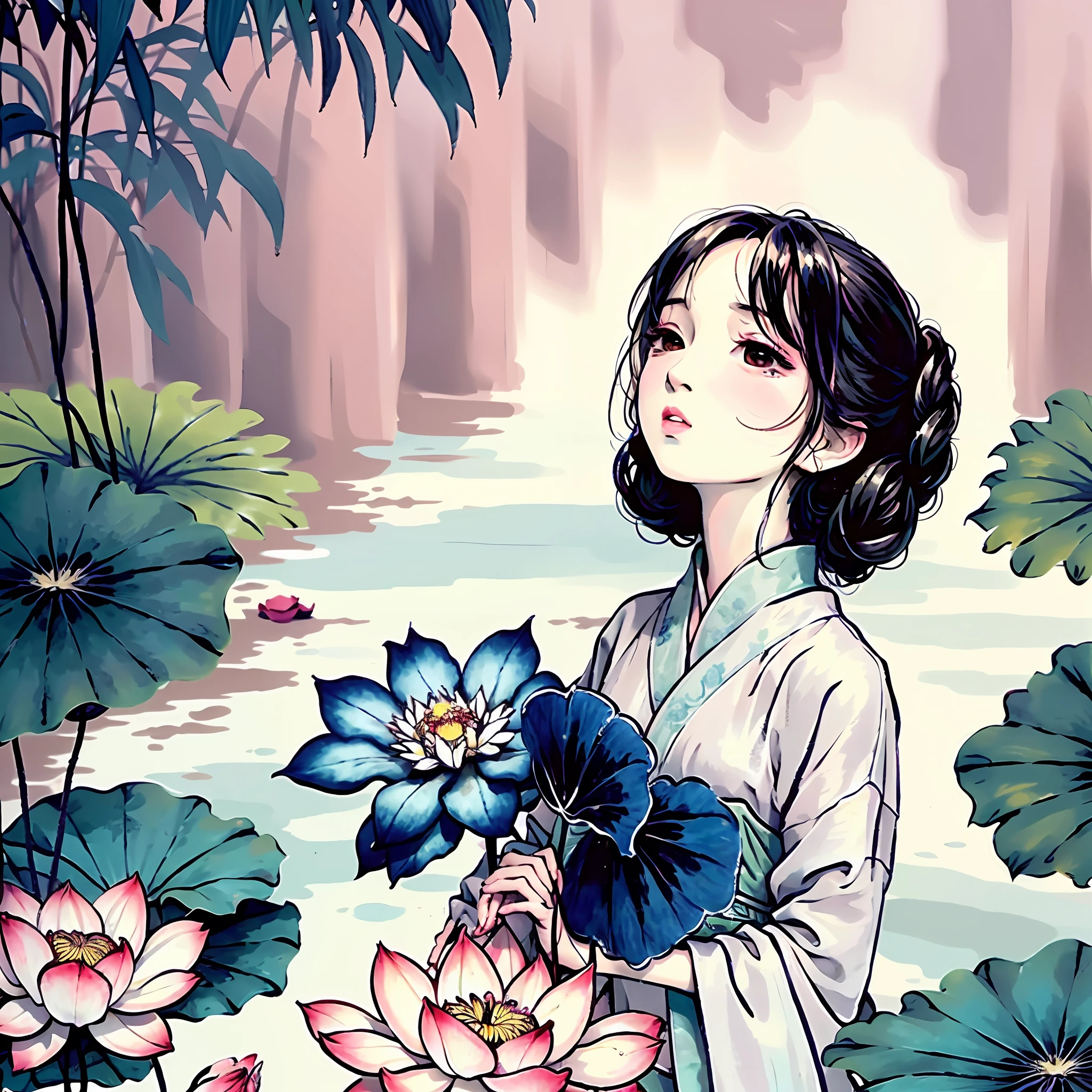 Chinese painting Hanfu, plain and elegant in the water, looking up at the girl with light lotus leaves