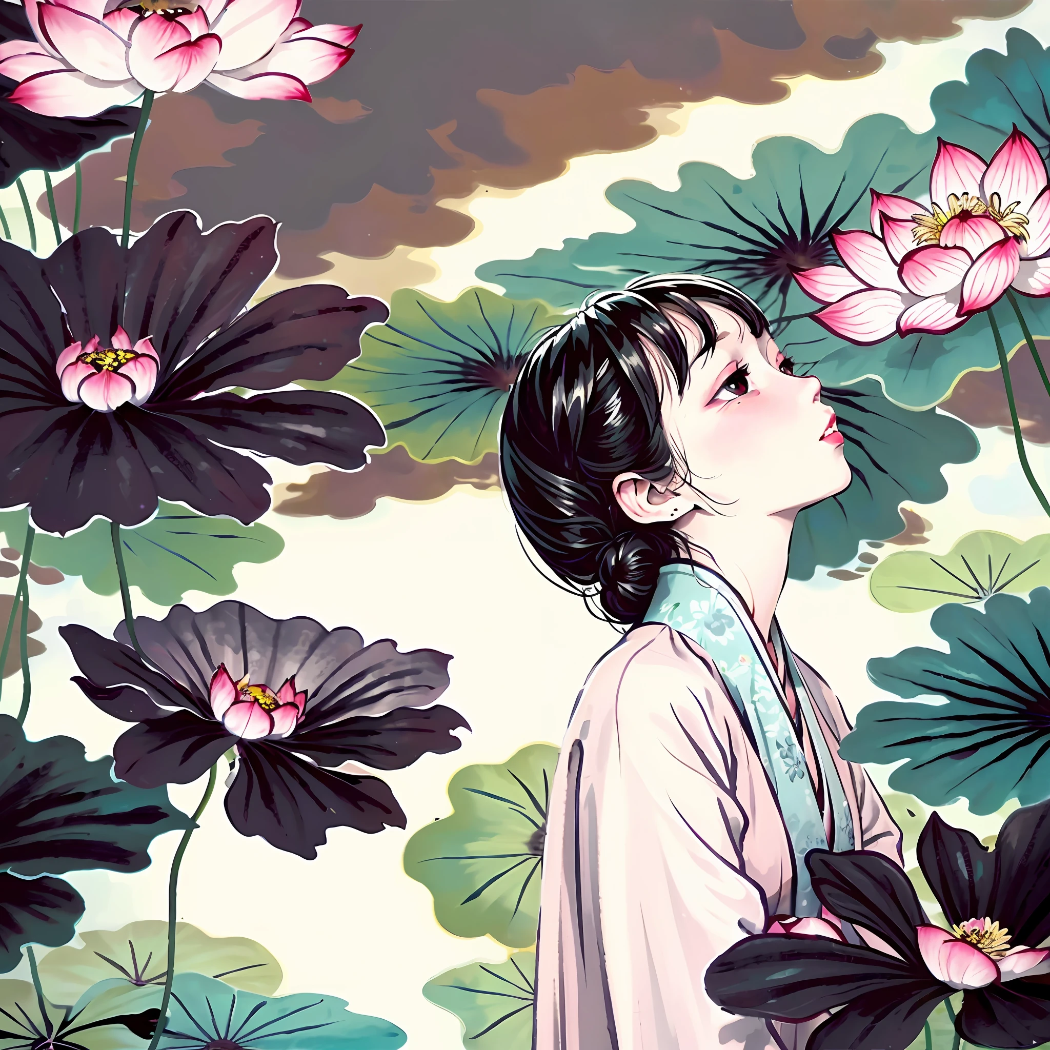 Chinese painting Hanfu, plain and elegant in the water, looking up at the girl with light lotus leaves