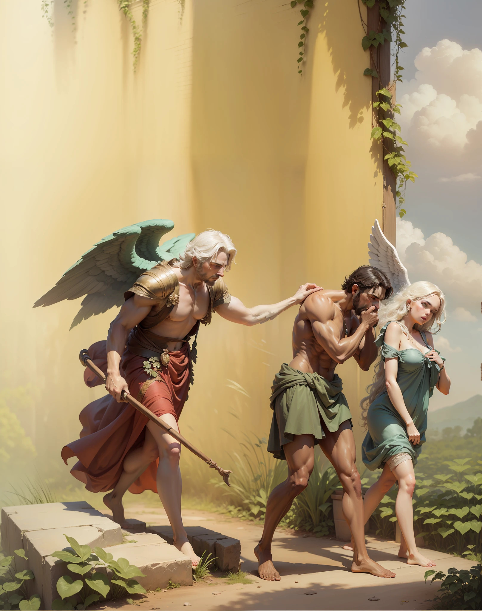 Adam and Eve expelled from the Garden of Eden by an angel, imagem altamente detalhada full HD 8k