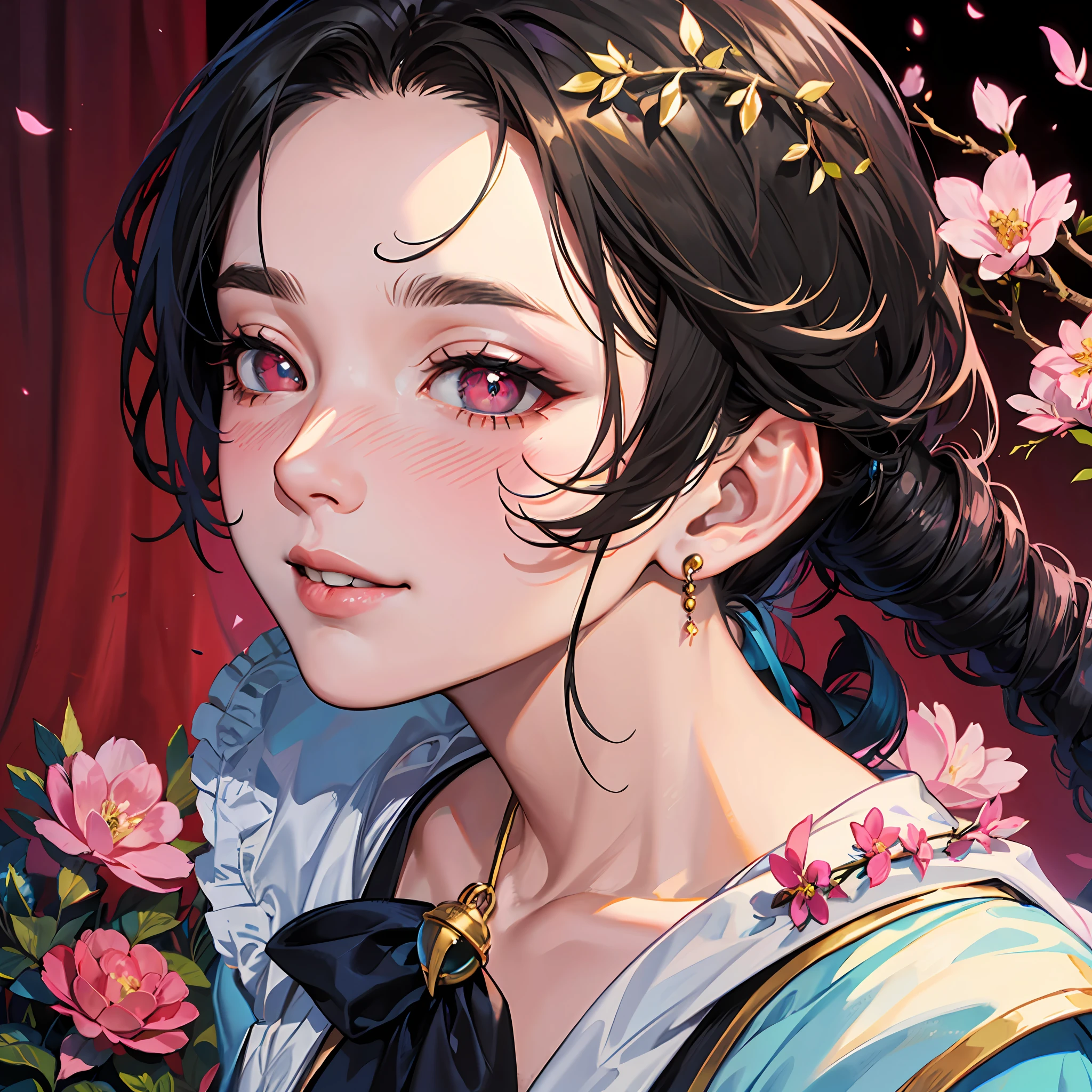 black hair, drill hair, braided ponytail, curtained hair, hime cut, bell, jeweled branch of hourai, eyebrows behind hair, pink eyes, flower-shaped pupils, long pointy ears, smile, ear blush, heavy breathing, heart in eye, glint, yandere, glint, Surrealism, anime, high detail, Surrealism, cinematic lighting, chiaroscuro, 8k, super detail, UHD, UHD, UHD, UHD, masterpiece, award winning, 4K, best quality --auto