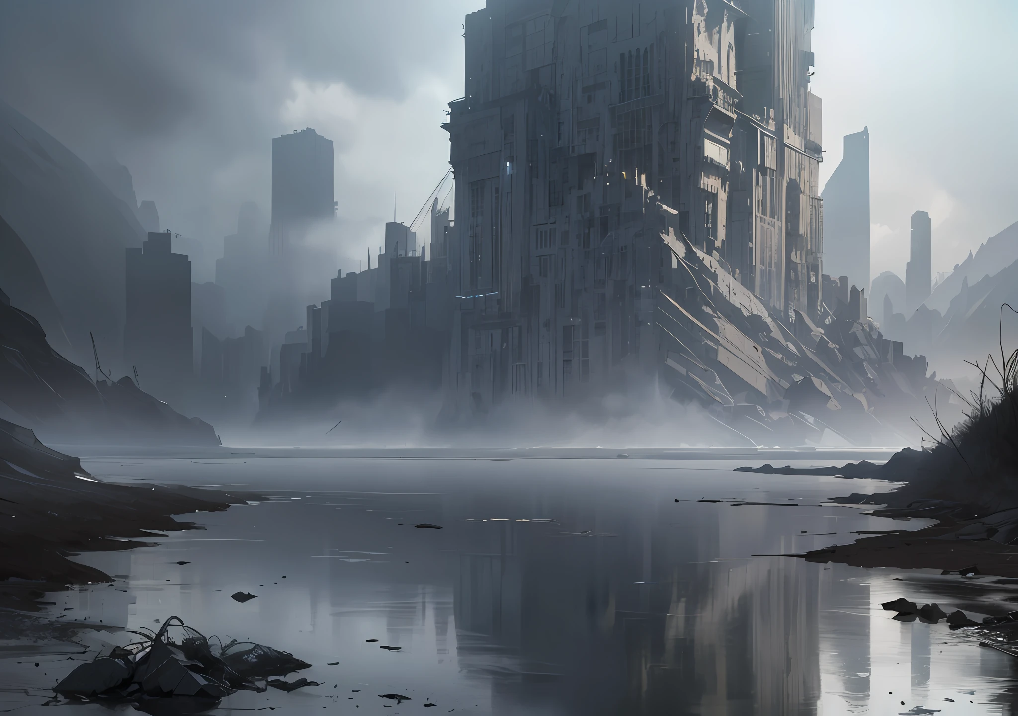 6K, HDR, RTX, ray tracing, anisotropic filtering, subsurface scattering, albedo, best quality, masterpiece, realistic, highly detailed, dark vast open landscape, 1girl , solo, looking at a gigantic mountain in work and task format incomplete pos apocalyptic world, gray clouds, no grass, hideo kojima style, gloomy atmosphere, windy, foggy, mysterious, main palette is gray, tense, serious, dangerous, horizon, rain, wet