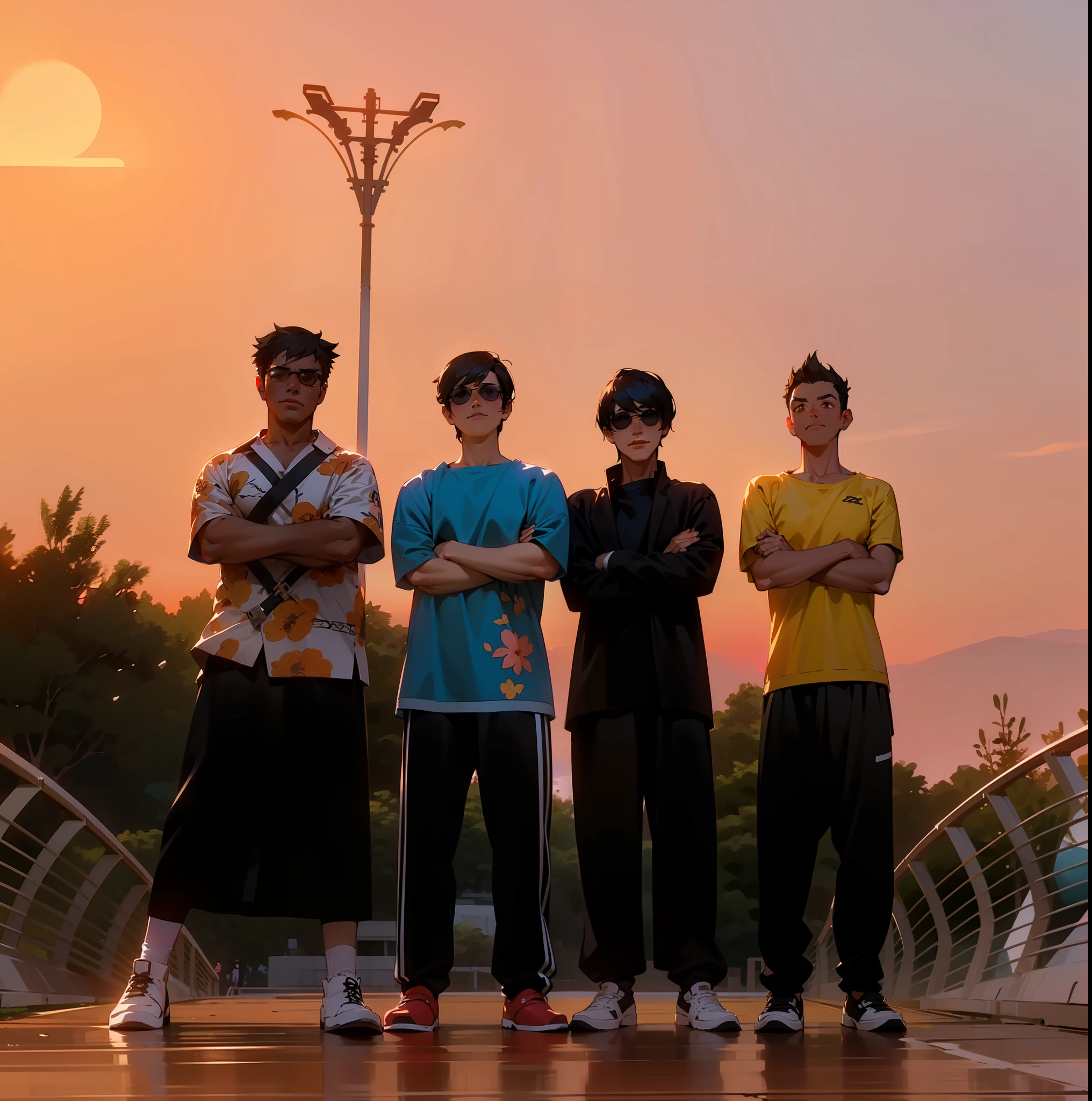 Four young men stand on the bridge,Wearing sunglasses,arms folded, With sunset, ( edm band, In the sunset, taken at golden hour, at the sunset, prime time, looking confident, Sunset!!!, late sunset, The sun is setting, at a beautiful sunset, shot at golden hour, with a sunset, band promo, late sunset