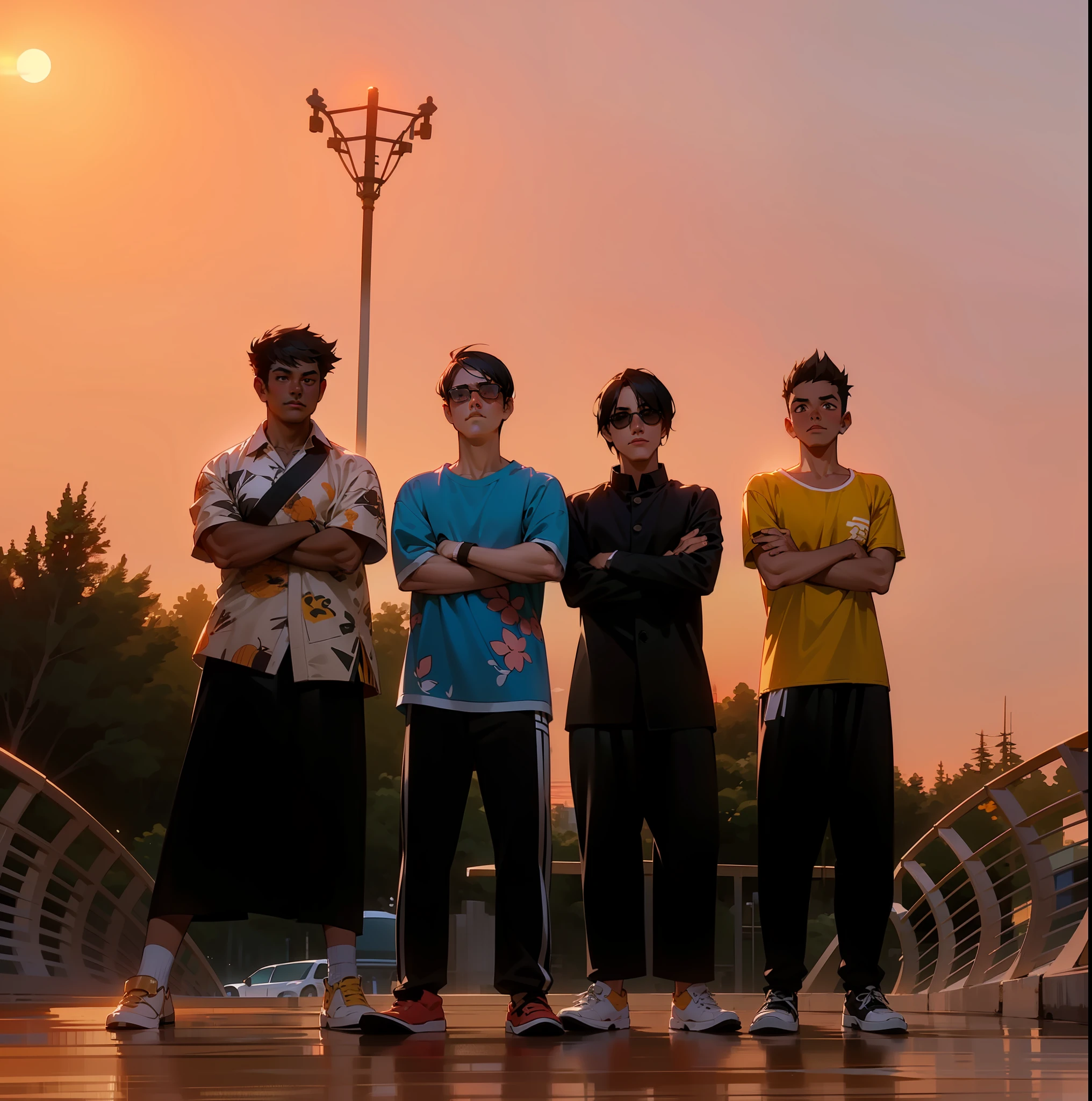 Four young men stand on the bridge，Wearing sunglasses，arms folded, With sunset,  ( edm band, In the sunset, taken at golden hour, at the sunset, prime time, looking confident, Sunset!!!, late sunset, The sun is setting, at a beautiful sunset, shot at golden hour, with a sunset, band promo, late sunset
