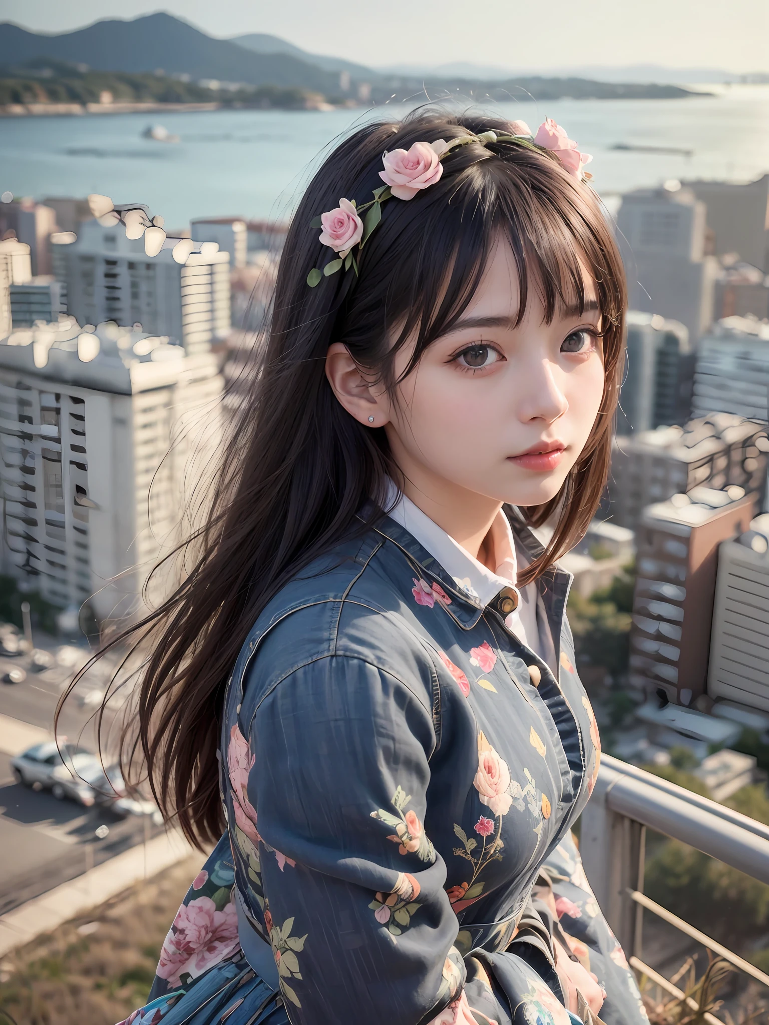 (realistic, photo realistic:1.37), incredibly absurdres, (insanely detailed:1.3), 8k, (masterpiece), (best quality:1.4), (ultra high res:1.2), (raw photo:1.2), (unity 8k wallpaper), 1 nogizaka girl, utterly cute, (bishojo:1.35), (15yo:1.4), ((alice and the pirates fashion)), delicate detailed beautiful dress, hair accessory with blue rose, an exquisitely detailed and beautiful face and eyes and skin, detailed black shine hair, smile at the camera, cowboy shot, Seaside, beach, retro city ultra detailed background, magnificent view, gazing at a crumbling cityscape of towering buildings and highways from the top of the hill, professional lighting