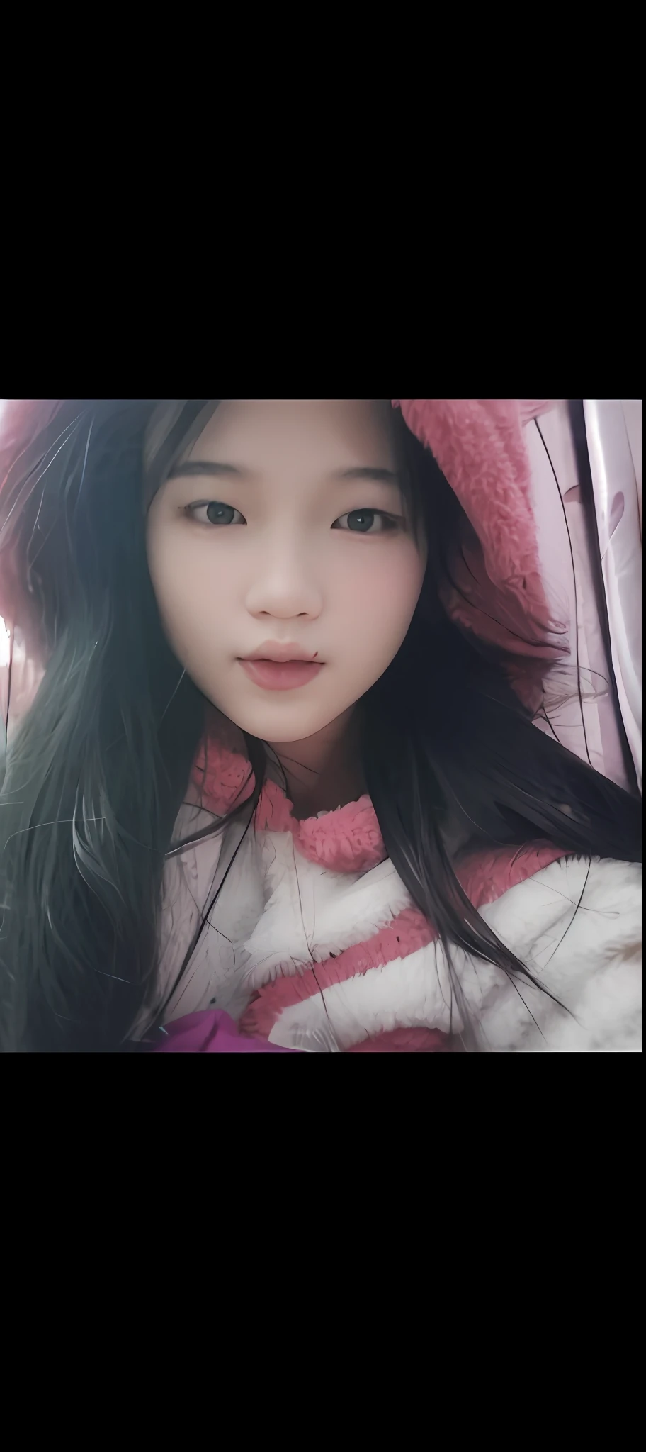 a close up of a person wearing a pink hat and a pink and white sweater,young cute wan asian face, 18 years old, The photograph,
