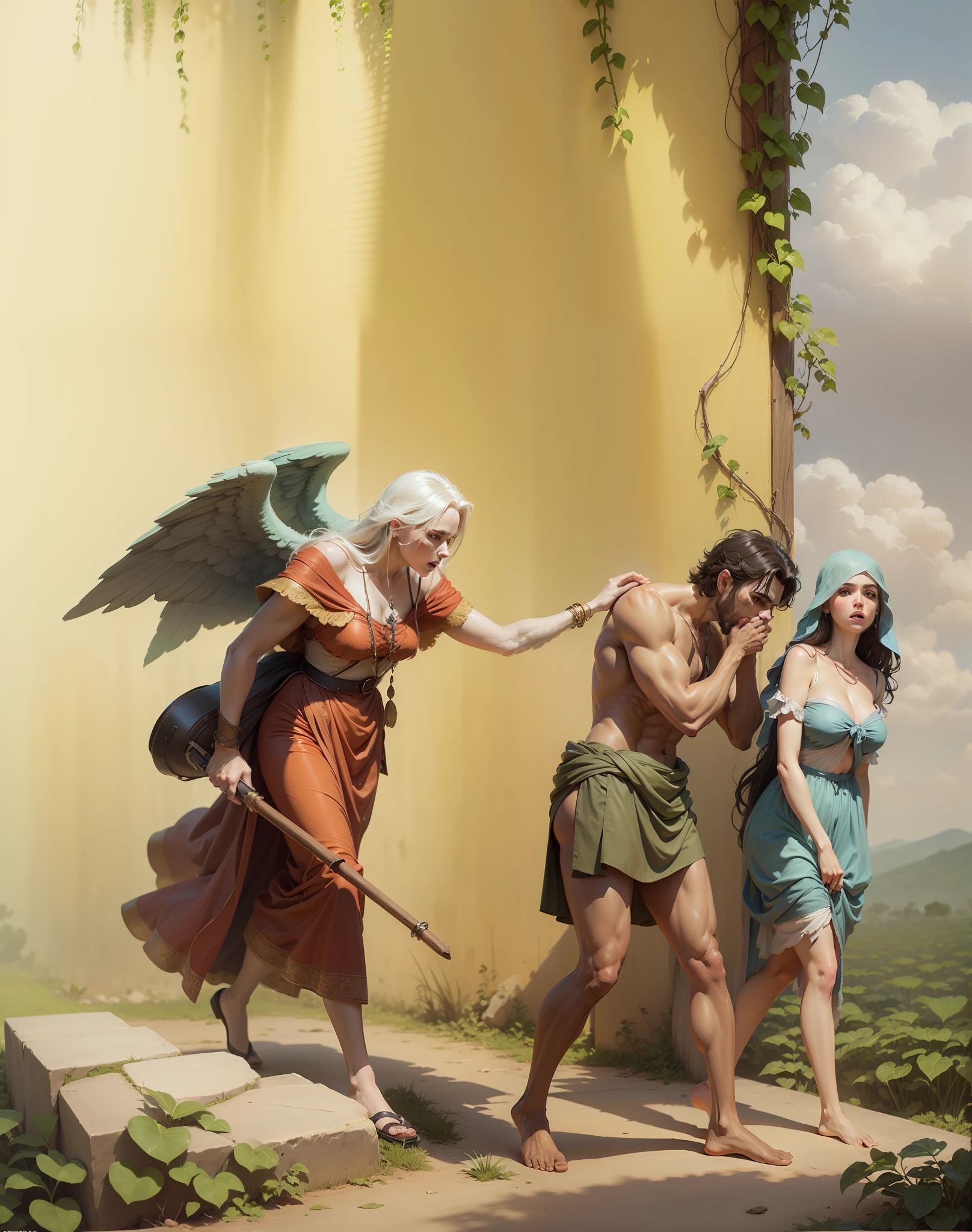 Adam and Eve expelled from the Garden of Eden by an angel, imagem altamente detalhada full HD 8k