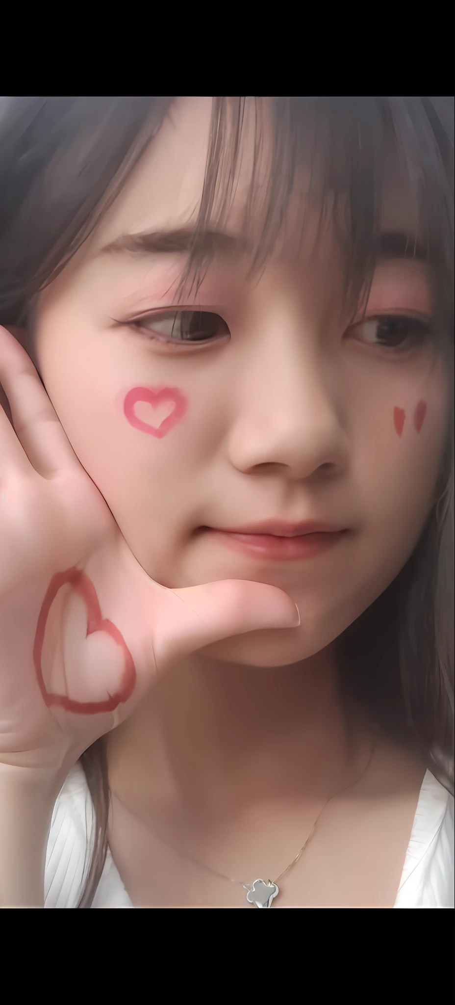 arafed girl with red hearts painted on her face, small heart - shaped face, full heart - shaped face, heart - shaped face, Heart-shaped face, heart - shaped face, ulzzangs, she has a cute face, uwu, with cute - fine - face, Ruan cute vtuber, clear cute face, very very low quality