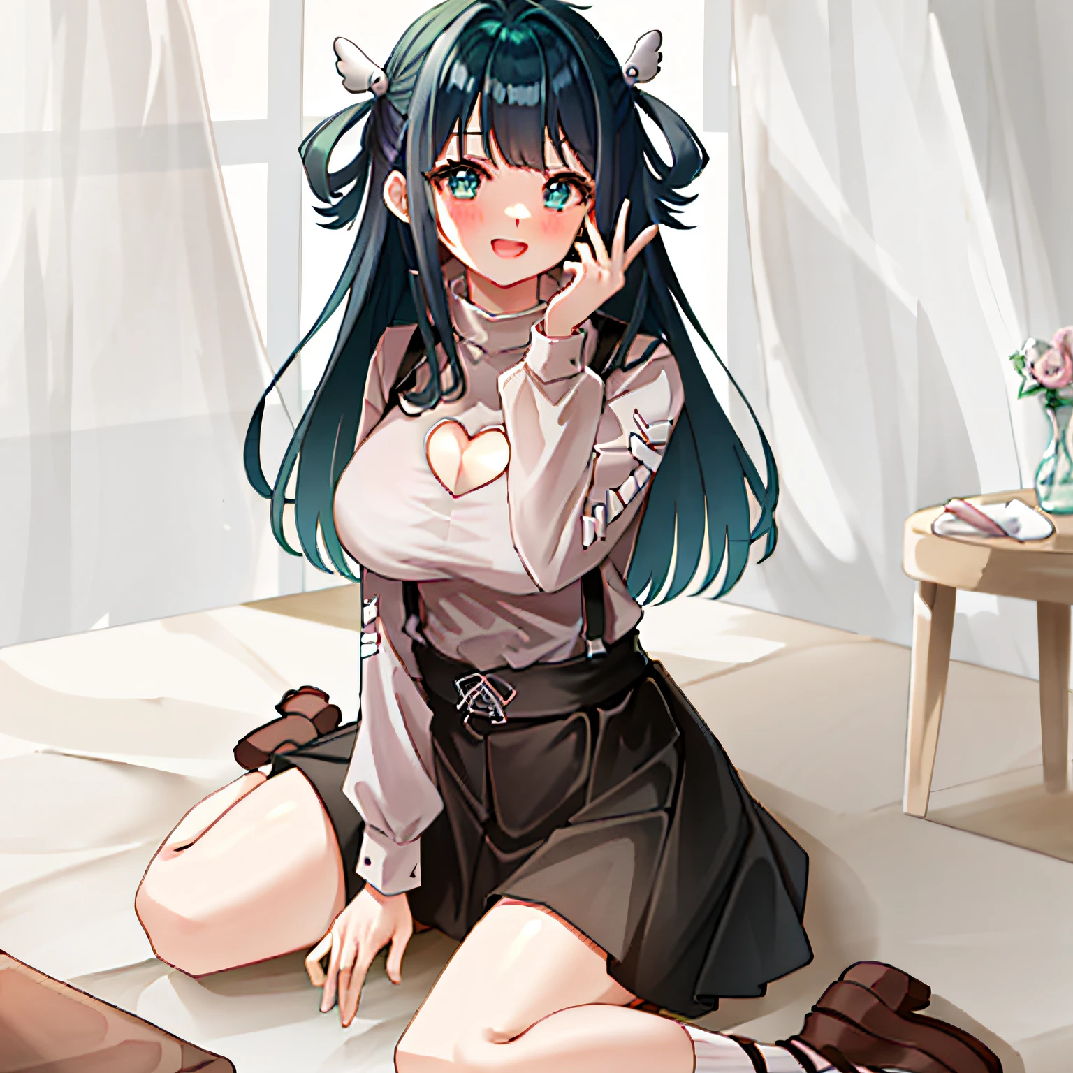 nene amano, 1girll, Breasts, solo, cleavage, Skirt, Large breasts, clothing cutout, cleavage cutout, Smile, Sitting, wariza, view the viewer, Open mouth, Black skirt, Pink shirt, Blush, Long sleeves, Socks, brownfootwear, heart cutout, Suspenders,Uma personagem feminina: She smiled brightly,The eyes are bent into a crescent moon,Revealing sweet and tender emotions。She has big bright eyes,The eyes shone with joy and pampering。A faint flush flushed on her cheeks,Exudes youthful vitality and love。