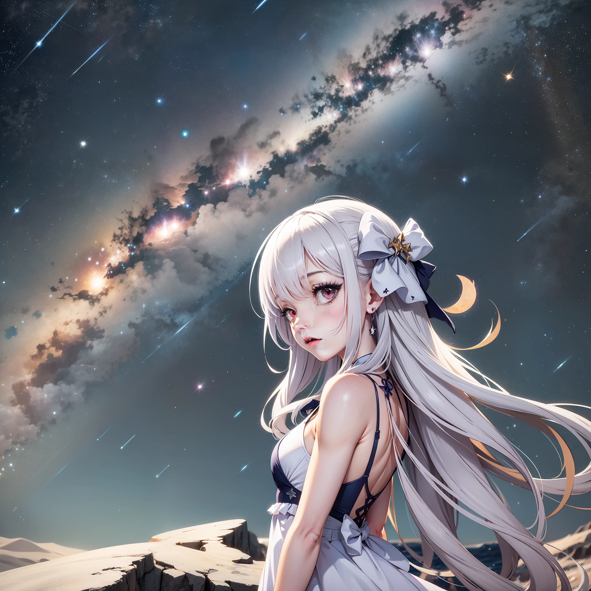 A girl with white hair and pink eyes under the night sky of the sea，There are also meteor showers falling