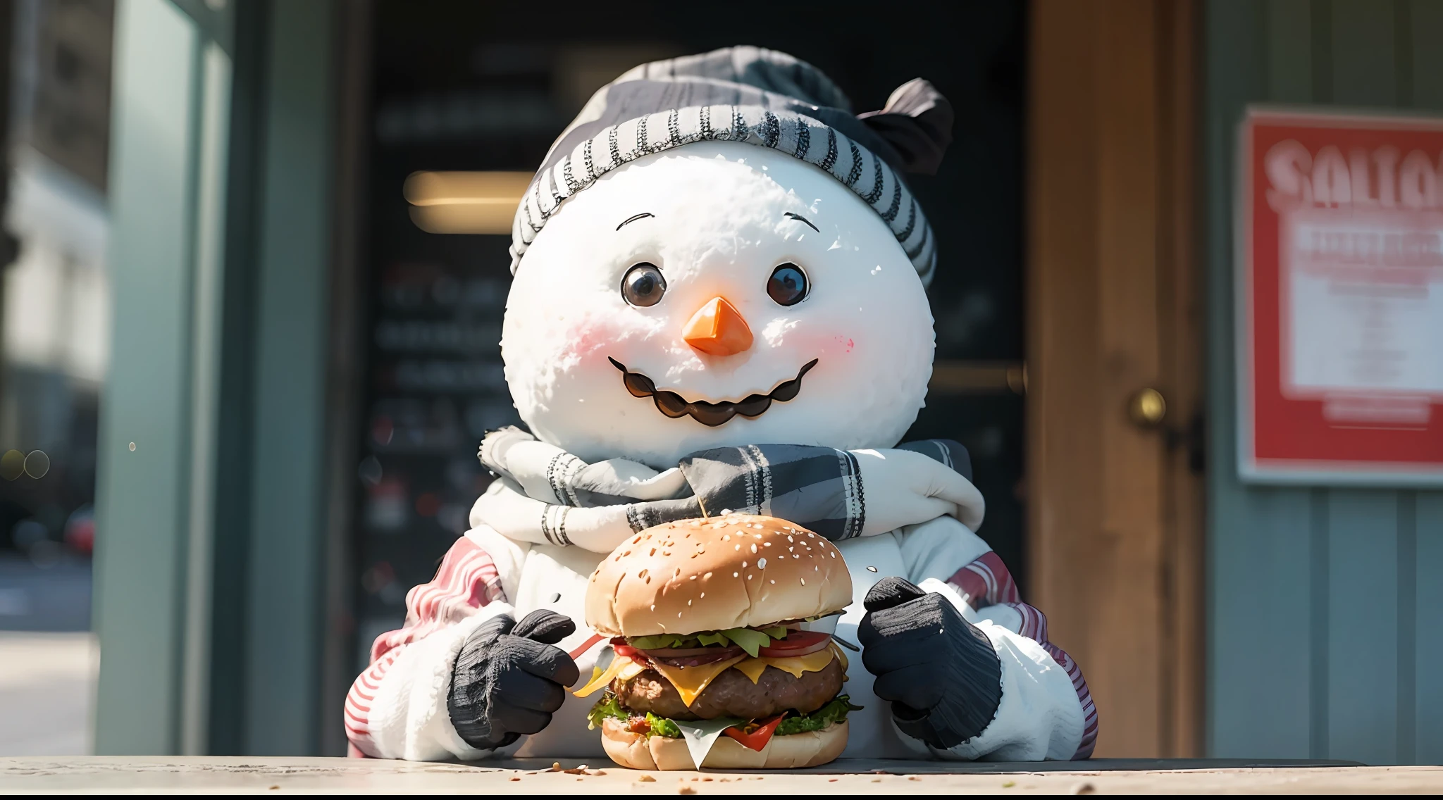 snowman eating a hamburger, late afternoon light