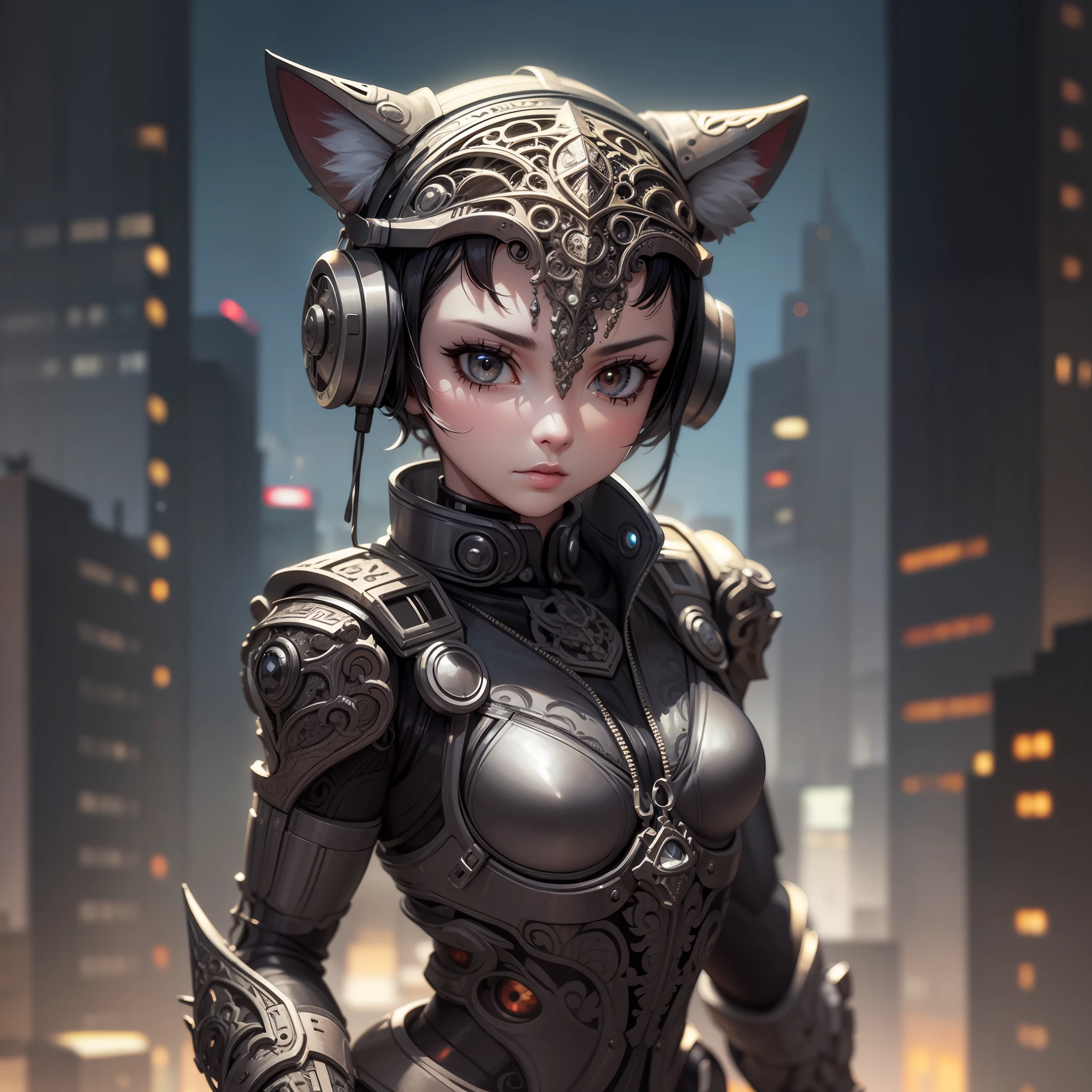 a cute kitten made out of metal, cyborg, cyberpunk style, ((intricate details)), hdr, ((intricate details, hyperdetailed)), cinematic shot, vignette