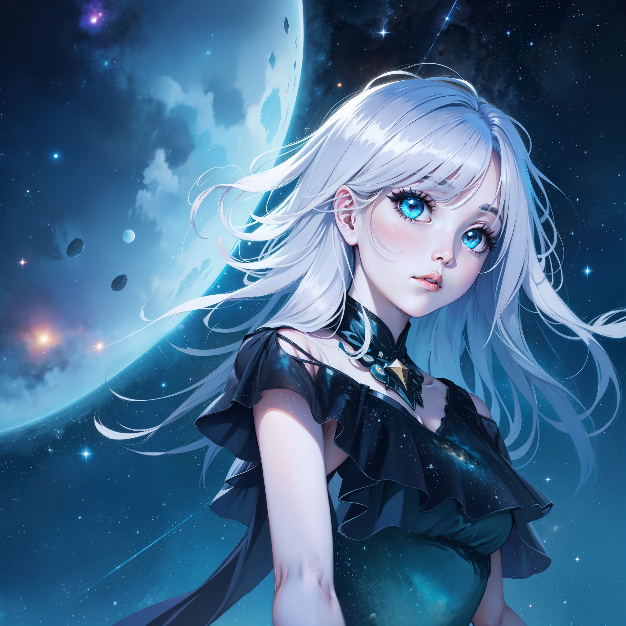 A girl with white hair and pink eyes under the night sky of the sea，There are also meteor showers falling