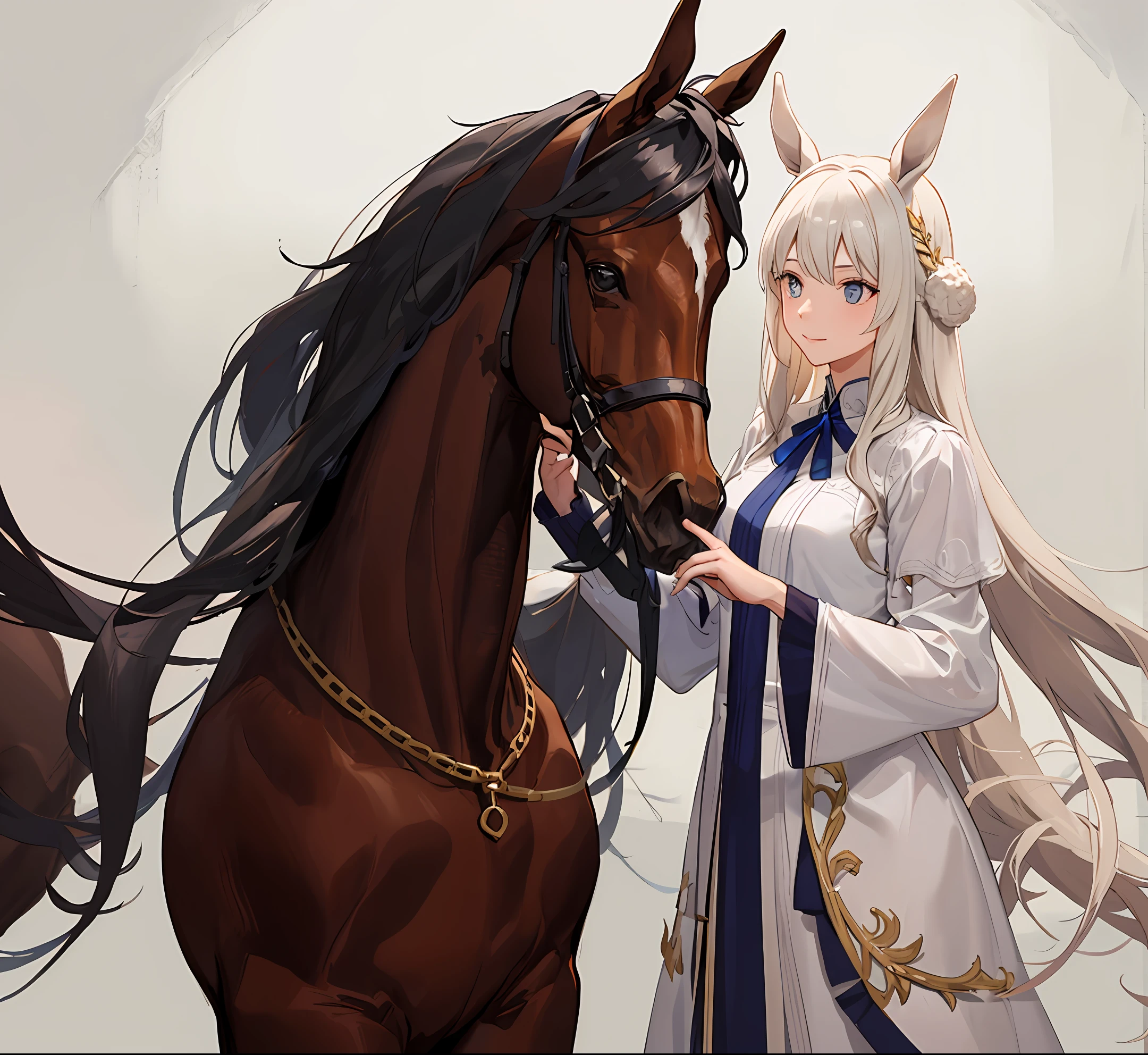A man with chicken feathers and a woman with horse ears looked at each other affectionately，