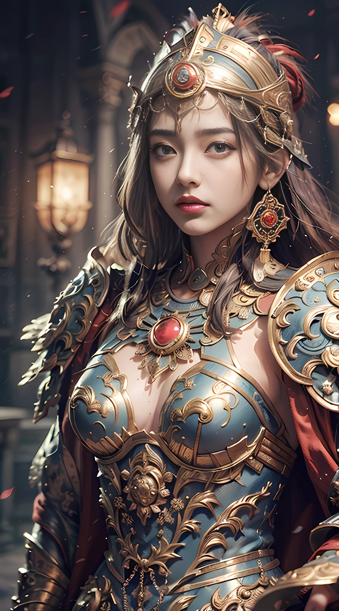 ((Masterpiece))), ((Best Quality))), ((Ultra Detailed)), (Surreal), (Highly Detailed CG Illustration), Cinematic Light, Realistic, Very Beautiful Young Lady,Sexy, Light Makeup,, Intricate Details EABA, Red Cloak, Spear