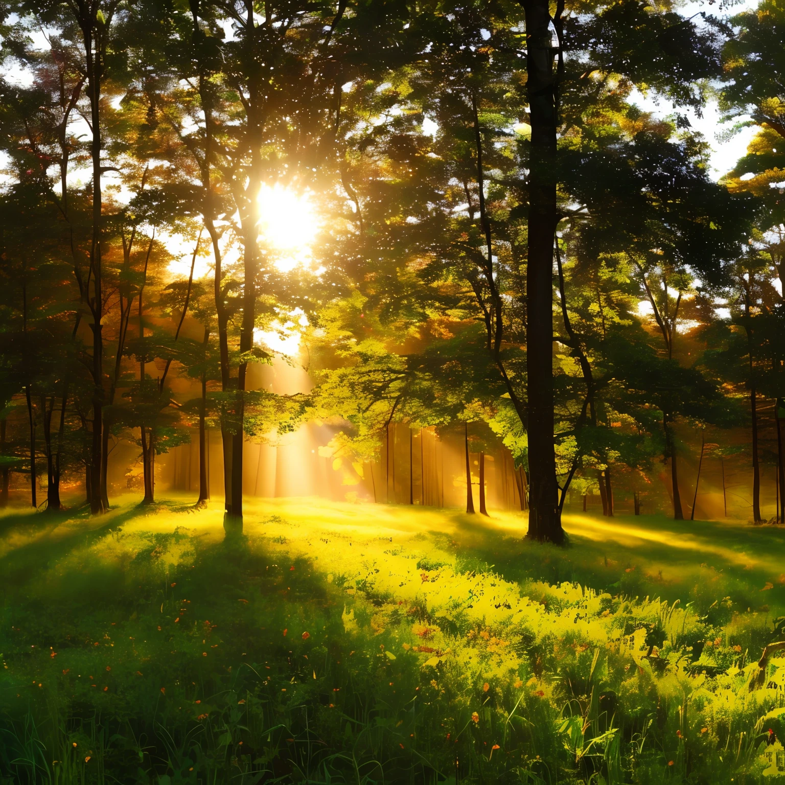 ln the forest,rays of sunshine,A little red,shining brightly --auto