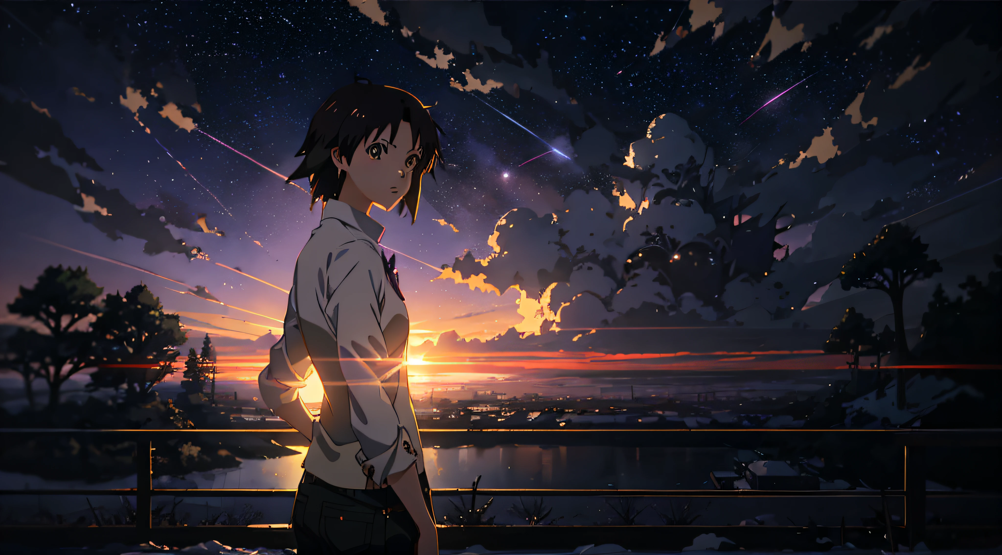 (((Makoto Shinkai style)),pixiv,anime drawing,high quality,pink purple sky,beautiful scene),(universe,train passing,magical realism,((makoto shinkai style)) ::0.8), [Artistic Atmosphere, Atmosphere:0.8, Starry Sky, Hills, Snow Mountain, Sparkling Water, Grass, Trees, Smoke, Stars, Low Angle of View, Specular Scattering,