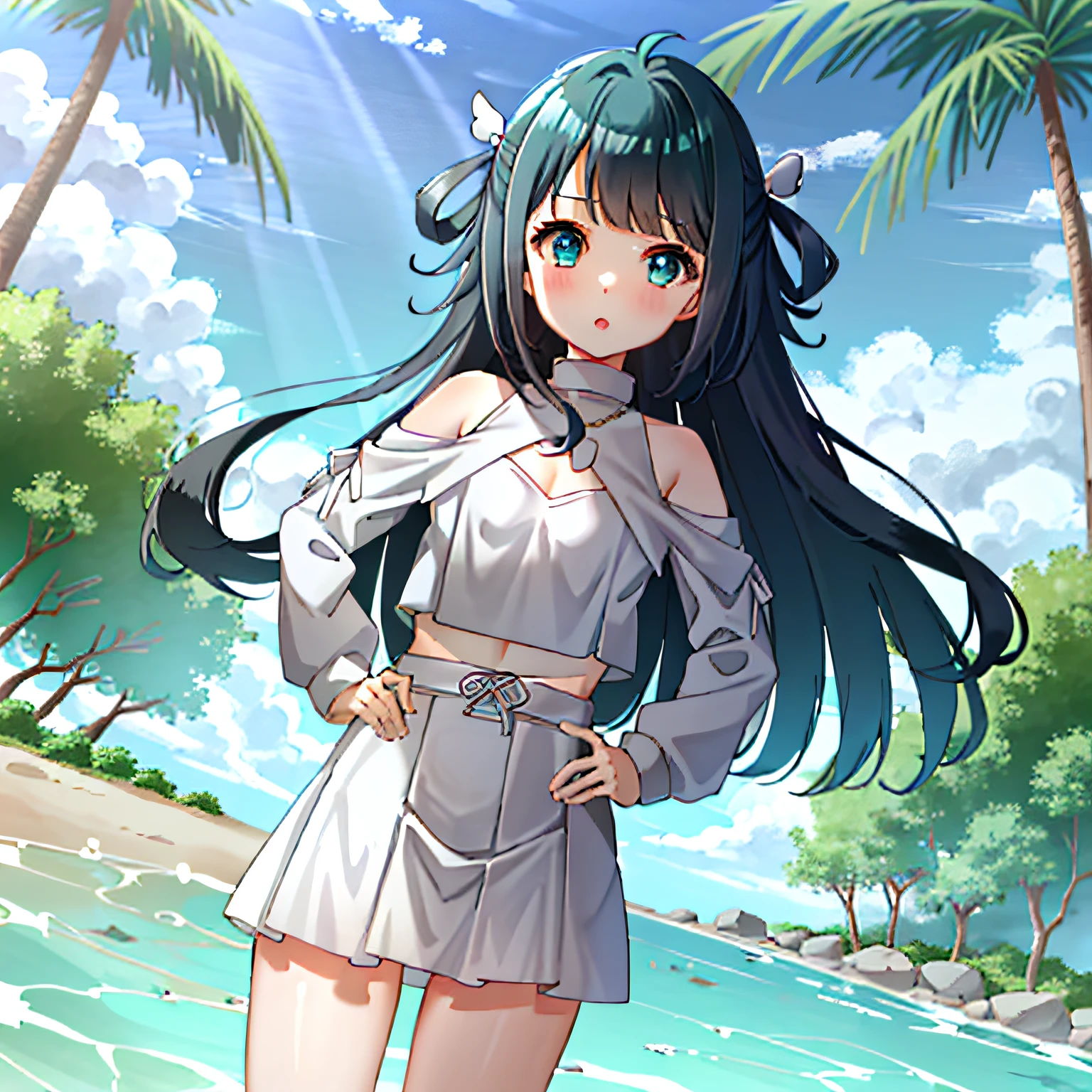 The art of cornflower, dreamy, (a beautiful, teenage, anime-style girl with blue eyes and long black hair, wearing a yellowish, shiny, long-sleeved, open-chested, long-skirted swimsuit, pink, white and yellow, heart posing on it, hands on the hips, in front of the beach and bright blue sky with clouds inside, palm trees in the background on both sides of the picture, and a lot of blue and yellow fish swimming in the sea, and a police helicopter with lights flying over the girl)