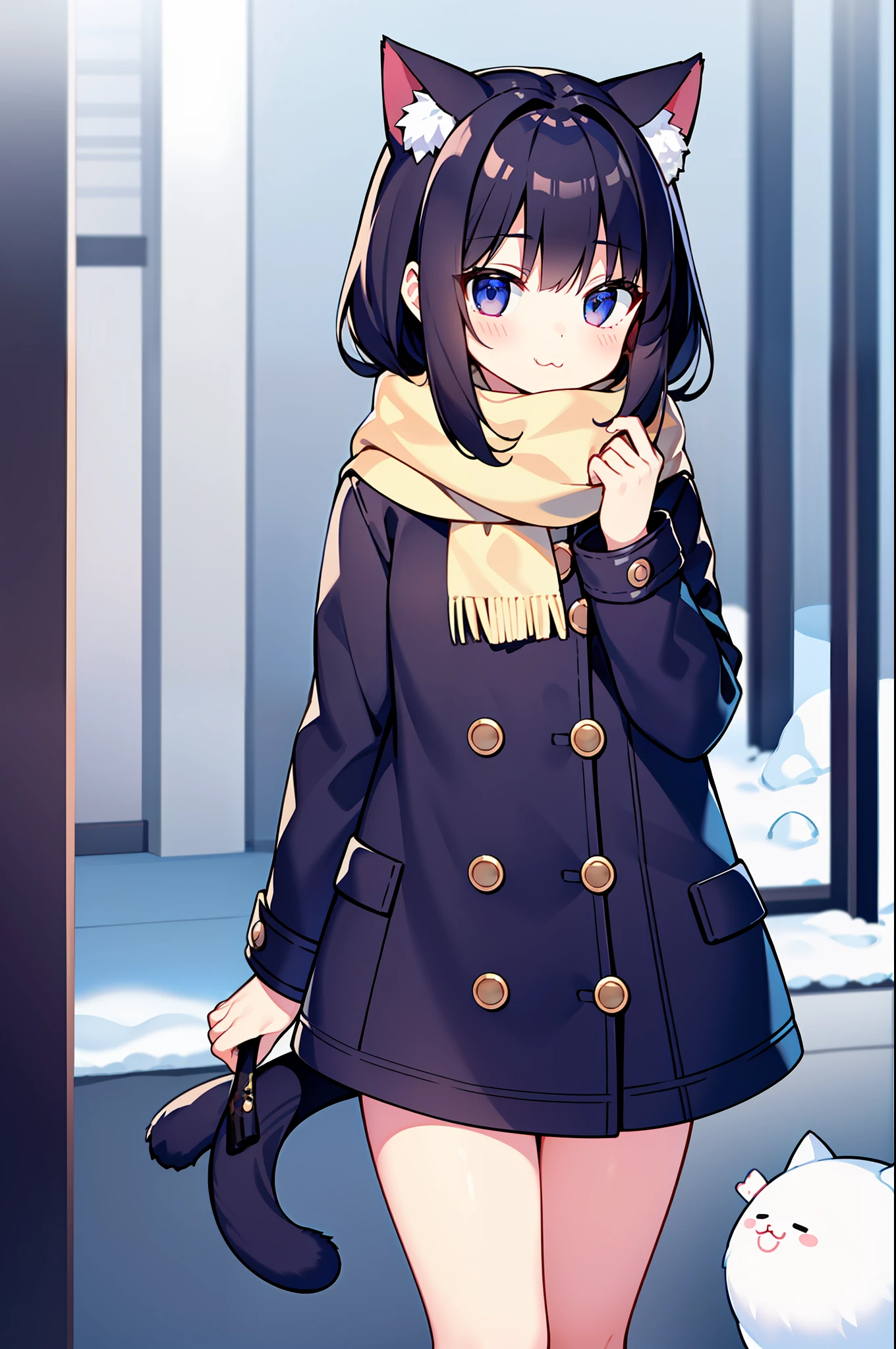 tmasterpiece, Need, 1girl, A dark-haired, mid length hair, cat ear, Open, looking looking at viewer, :3, adolable, scarf, jaket, exteriors, snowfield
