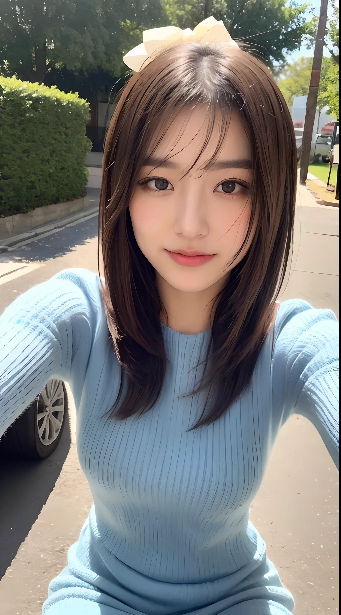 ((best qualtiy, 8k, tmasterpiece:1.3)), Focus:1.2, perfect figure beautiful woman:1.4,(（Exquisite Hair)), (sweaterdress:1.1) , (Sports car, street: 1.2), Highly detailed facial and skin texture, 詳細な目, 二重まぶた，Whiten skin，hugetits，ssmile，Sit on the man's head