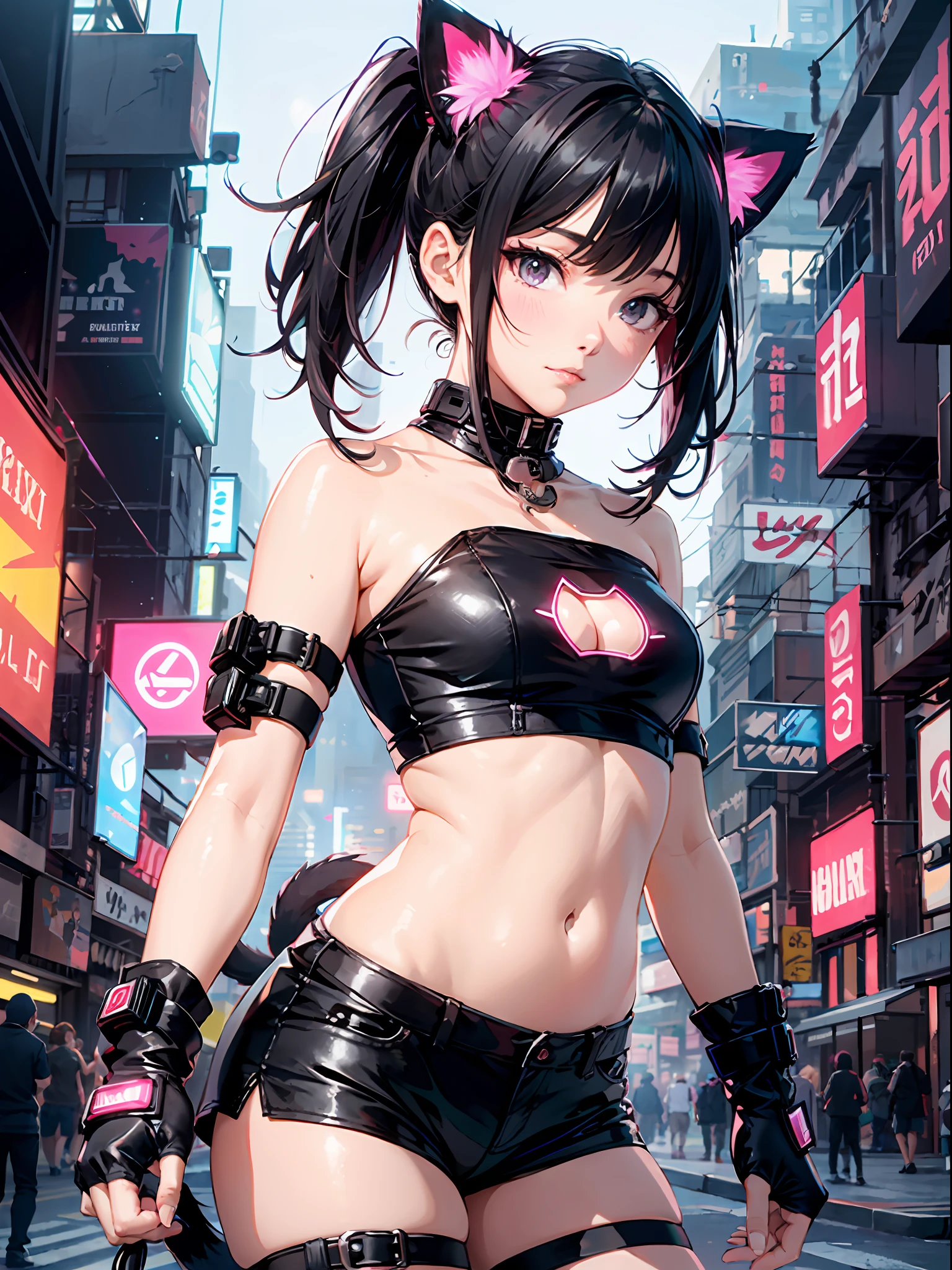 backlight,cyberpunk city,(ninja),(cat girl),((infant)),parted bangs,black hair,pink_eyes,standing,strapless tank top, navel cutout,shorts,fingerless gloves,tail,pov hands,portrait,(huddle, clasp knees),