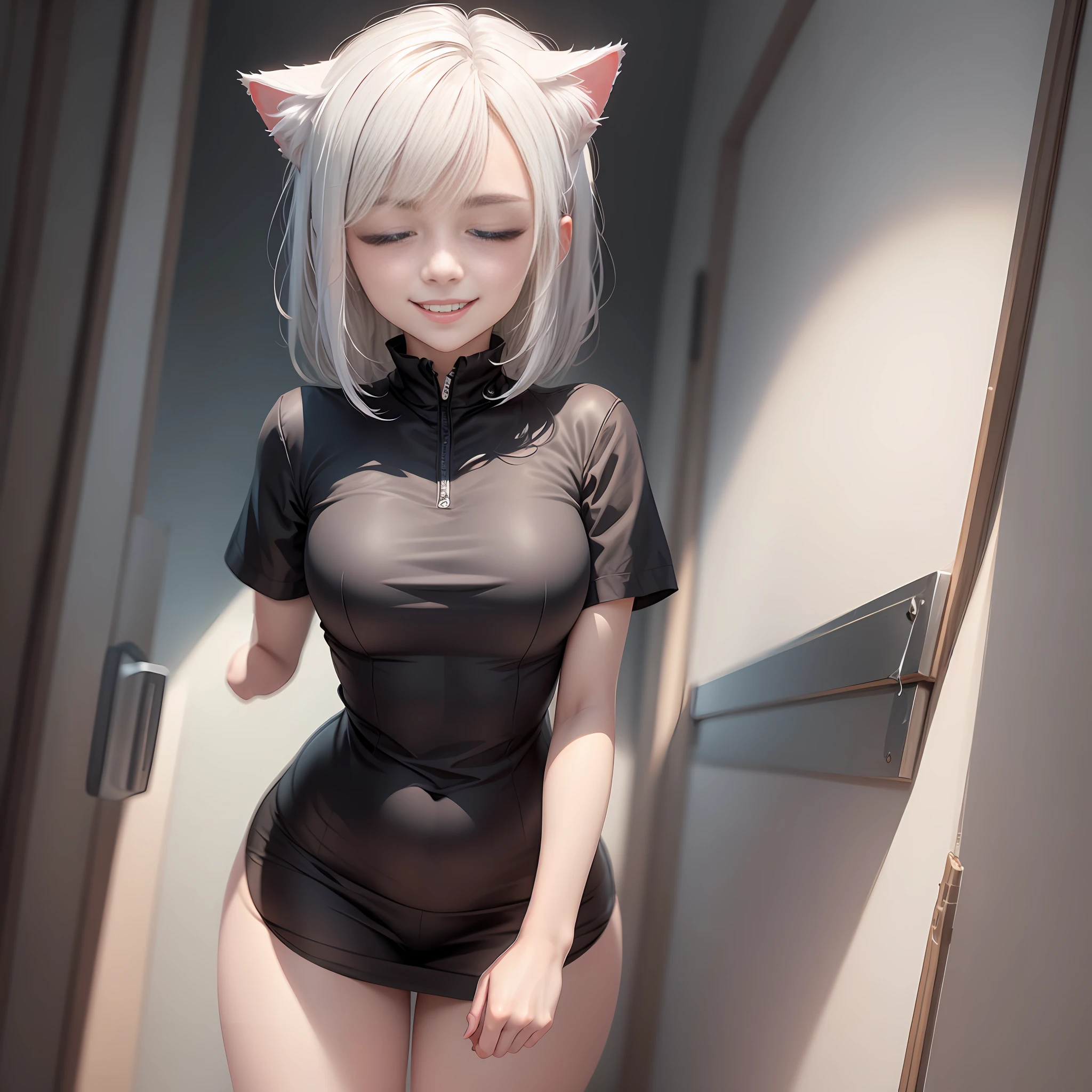 black hair, white hair, white hair, closed eyes, cat ears, grin, shy, tongue, ear blush, yandere, Surrealism, 8k, super detail