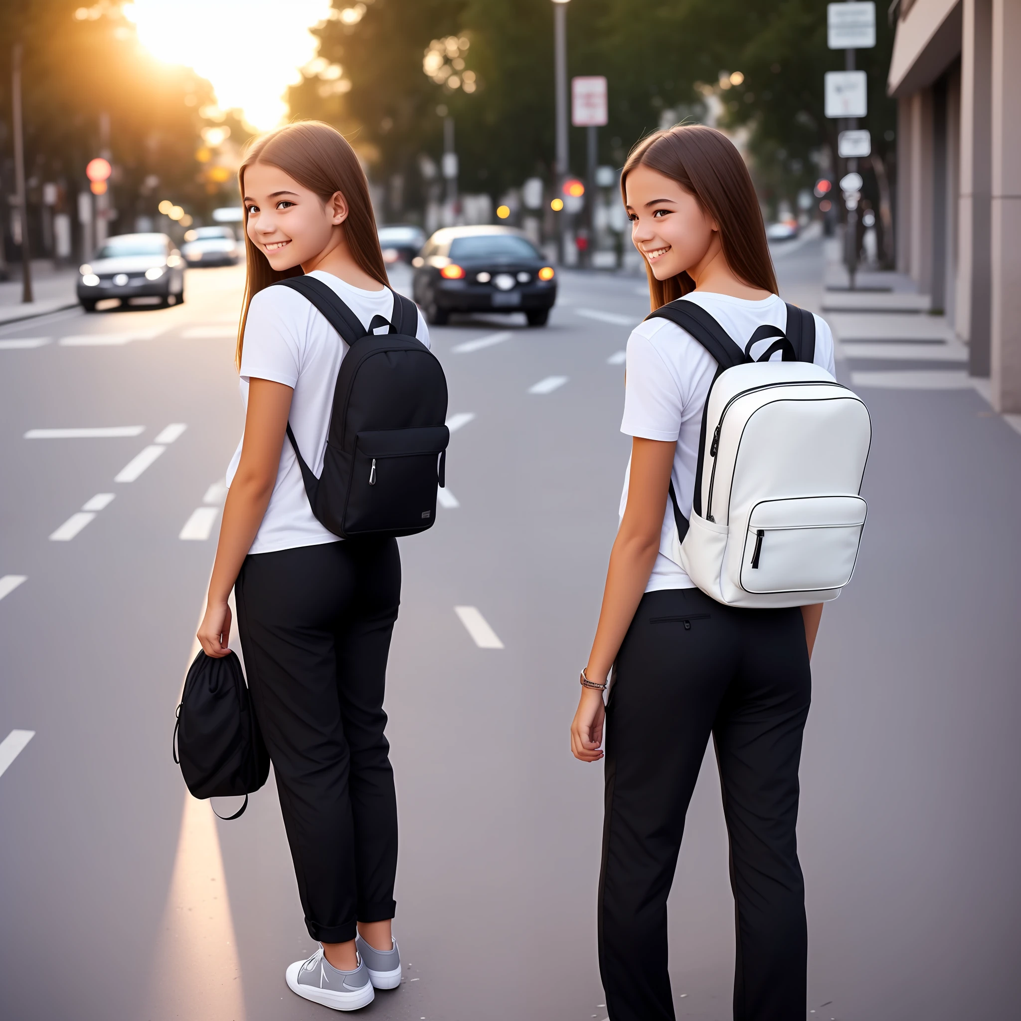 beautiful teenage girl，youthfulness，red short sleeves，black long pants，White backpack，The light from the back window is backlighted，the night，street corner，With a smile，goodness，orthofacial --auto