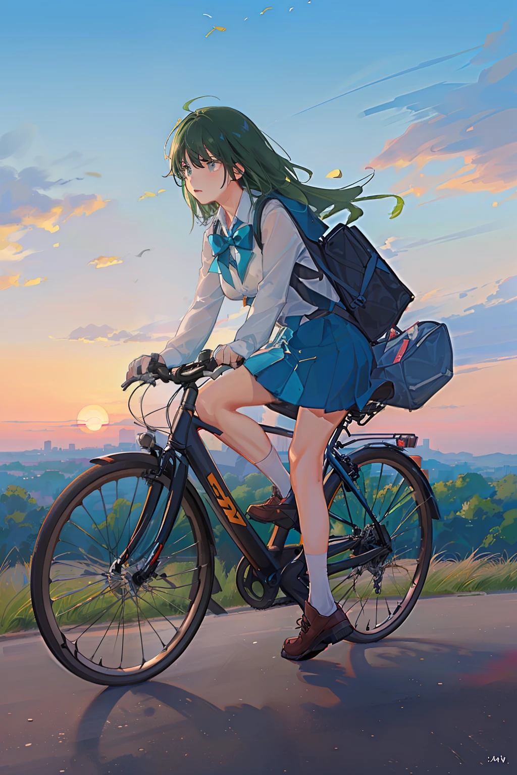 anime big breast,Boy riding a bicycle,wearing school bag,Town Road