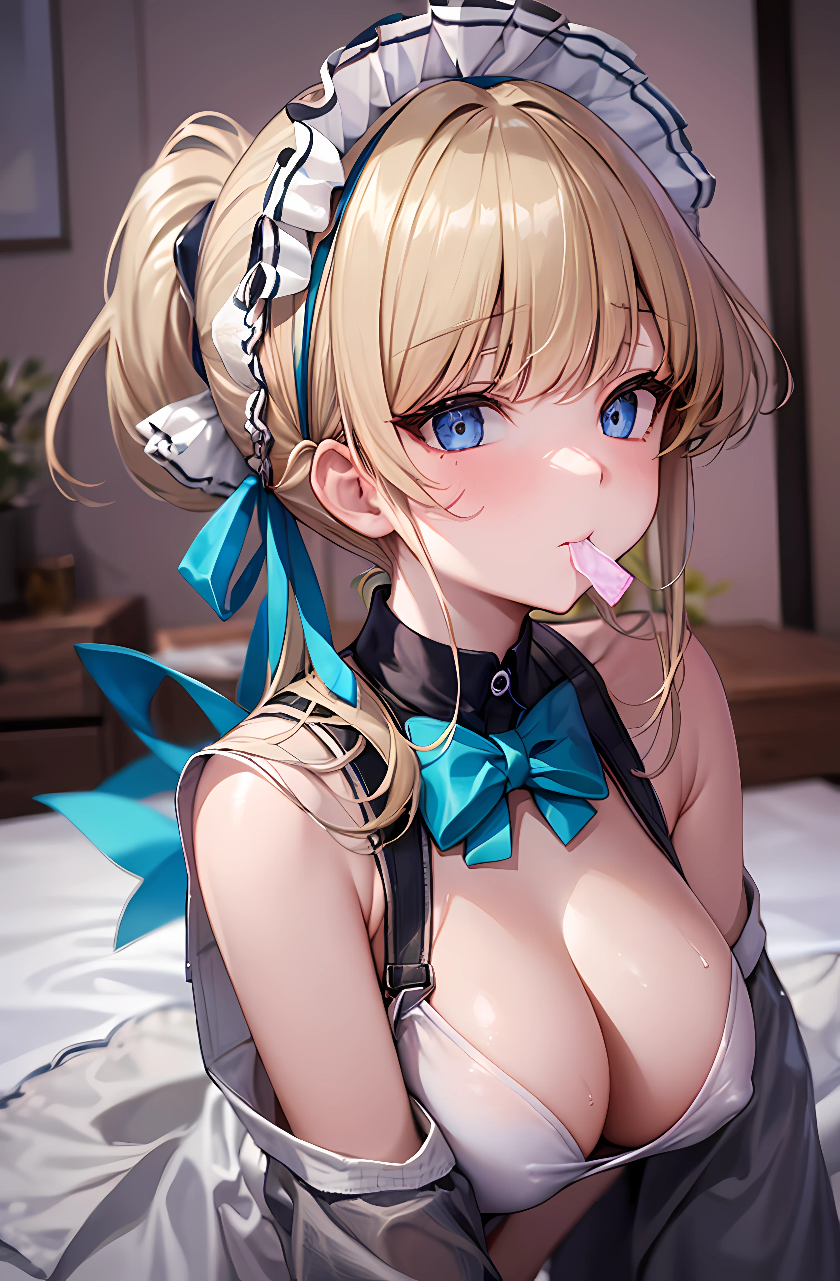 Blue Archive,Asuka horse Toki,Toki Asuma,(​masterpiece、beste-Qualit:1.2), cowboy  shot, 独奏, 1girl in, Tokidev, Maids, deadpan, a closed mouth, blonde  hair, Maid headdress, blue eyess, maid apronl, blue bow,Short,hugetits,Bewitching,A sexy,aphrodisiac,Soio,on the beds,Lie down,full of sweat,Wet area,sexual pervert,Expose the cleavage,Sexy,Beautiful fece,Opening legs,defenseless,teats,Beautiful areola,Clothes show through with sweat,Ashamed,be shy,Kneading milk,Emphasis on milk,marriage ring,married woman,Clothes come off,Self-restraint,Blowjob,undergarment,mothermilk,Putting a condom in your mouth,double peace,heart mark