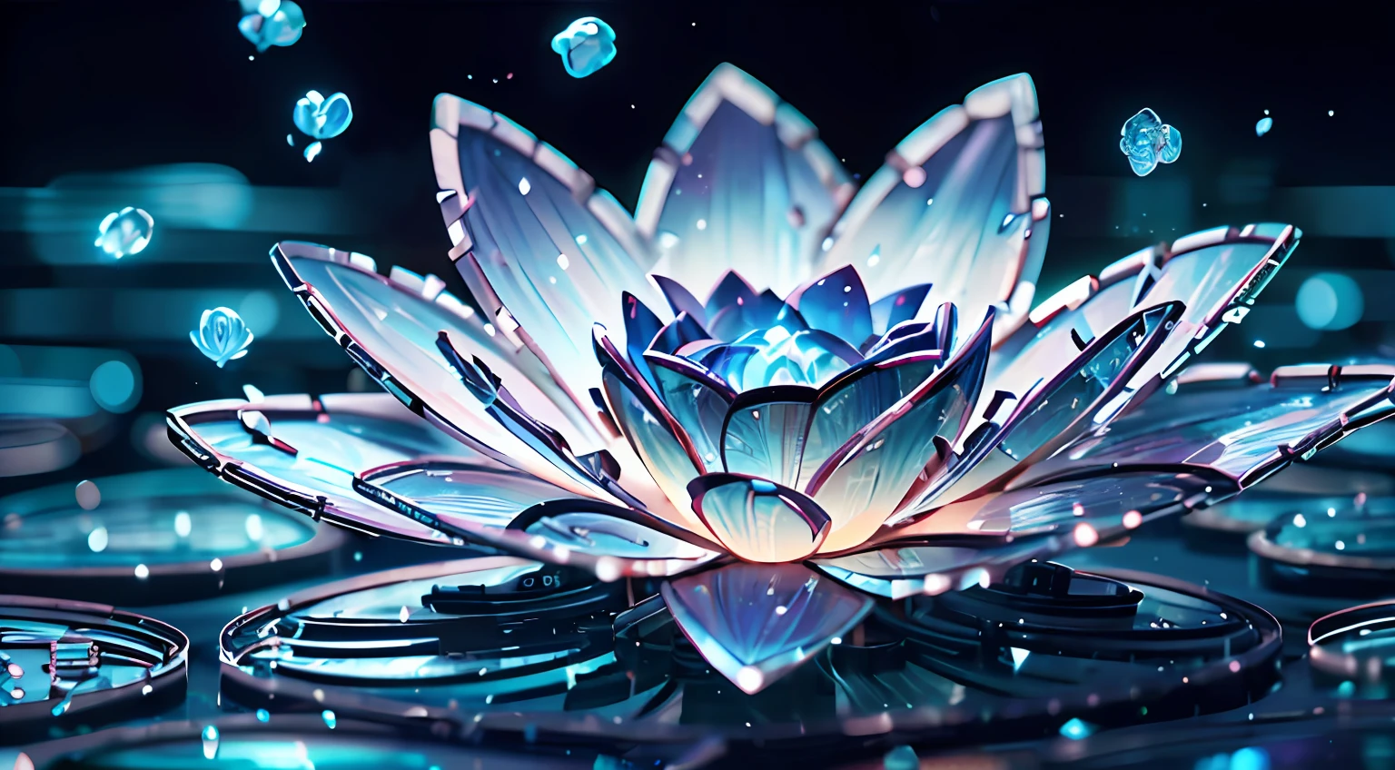 (((Best quality))), ((Ultra-detailed)),((plant illustration)),Blue sea,Lotus in a water tank,Lotus flowers at the bottom of the sea,fish tank,Inorganic flowers,Mechanical flower,Close-up,Futuristic flowers,,transparent plastic,Dreamy,Emits a shimmering light,cold shades,Metallic glass luster, Glass texture, speeding camera shot, commerciaphotography, Cyberpunk style, perfect lightingeffects, illusory engine,Mechanical flower,cyber punk style,Metal petals,Glass petals --auto