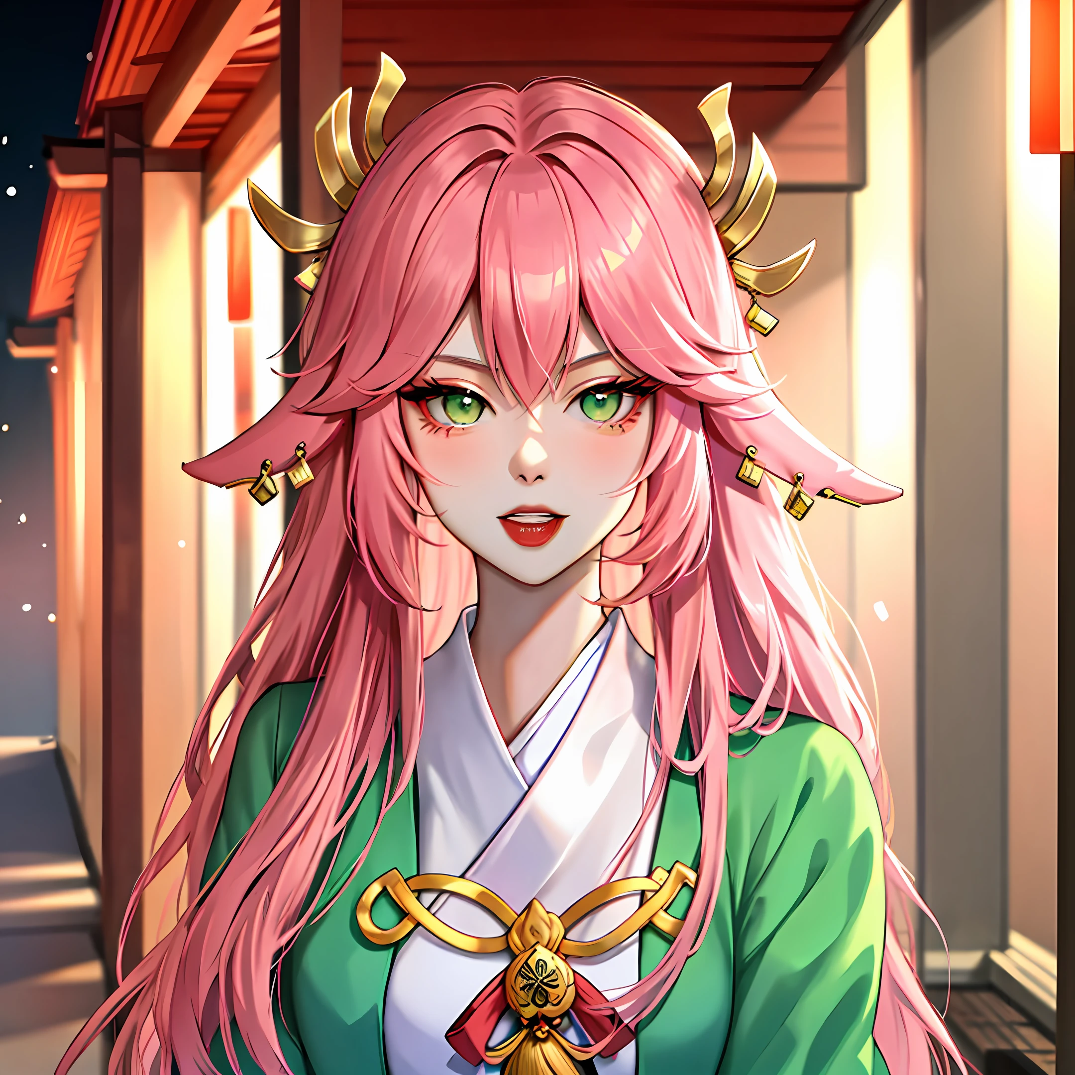 tmasterpiece, The details are complex, yae miko, oral sexy, Pink Long Hair, red headgear, Green eyes, Sharp eyes, Perfect symmetry, Neon shirt, highneck sweater, against a wall, doodads, Dim lighting, alley, Mean streak, looking looking at viewer, ((sakurabackground)|(Japanese temple background)|(Glow-in-the-dark background))