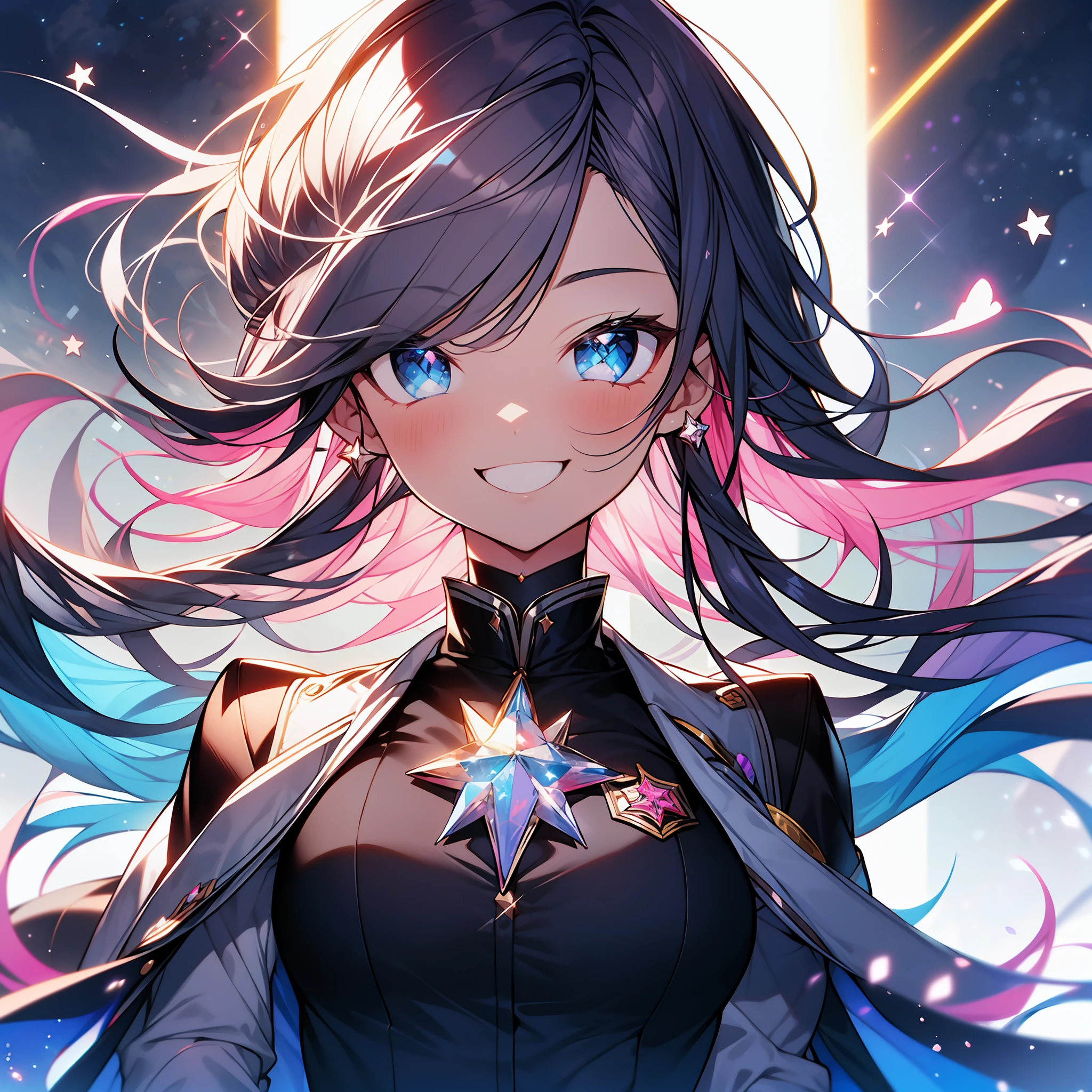 Chest out, absurderes, superfine illustration,rainboweffect, hight resolution, ultra-detailliert,Light diffusion,highly detailed light reflection, Kaleidoscope, Harmonious, Best Shadow, highly detailed very beautiful big smile face, ;D, beautiful growing crystal diamond star pupil,look at viewr, beautiful detailed hair, Solo, Dynamic Pose, beautiful detailed pink and black ribon, beautiful detailed High school uniform, Fantastic and sparkling throughout、Shooting stars and windy background detail background