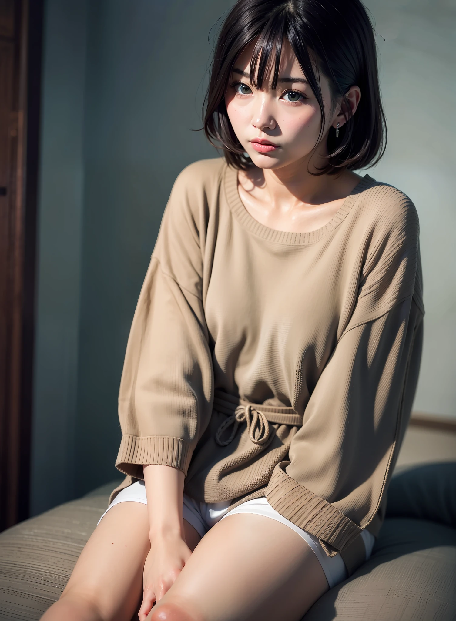 best quality,masterpiece,ultra high res,(photo realistic:1.4),kawaii girl face,Moe sleeves,The hair color is dark brown,Disheveled hair,In my pajamas,with a sleepy face just waking up,From head to toe, the entire body,Japanese famous actress,very beautiful,Cinematic,35mm lens,f/1.8,accent lighting,8k