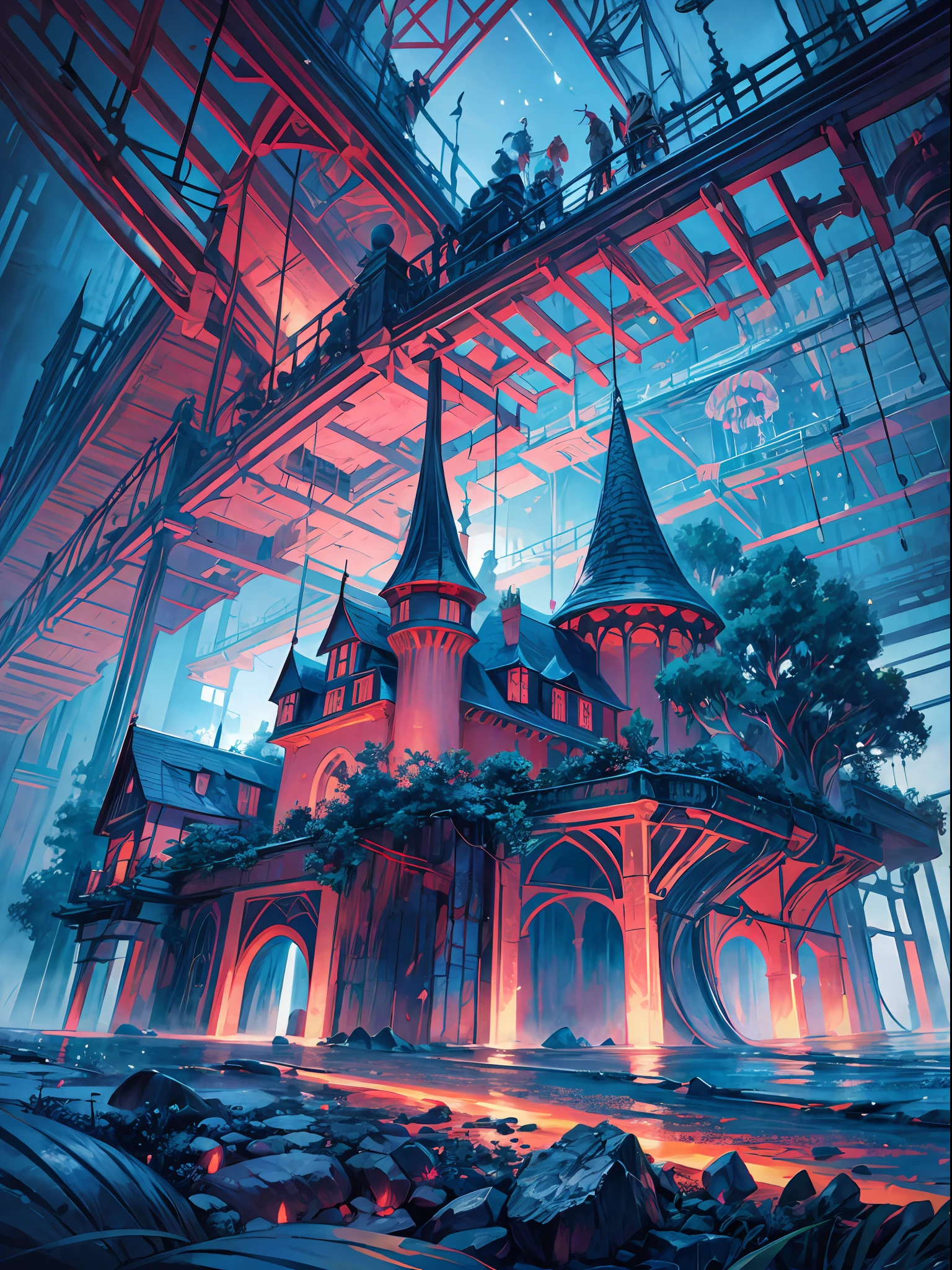 Masterpiece, High Quality, Ocean Forest, City, Fantastic Fantasy, Glowing Plants, Coral Viaduct, (Swarm of Glowing Jellyfish), (Shoal of Fish with Transparent Wings Flying in the Sky), Misty, Extreme Detail, Morning Light, Epic Composition, (Intricate Detail), (Intricate Design, Ultra Detail: 1.2), Art Station, (Masterpiece, Best Quality), Ultra HD, 32k ,castle,1girl