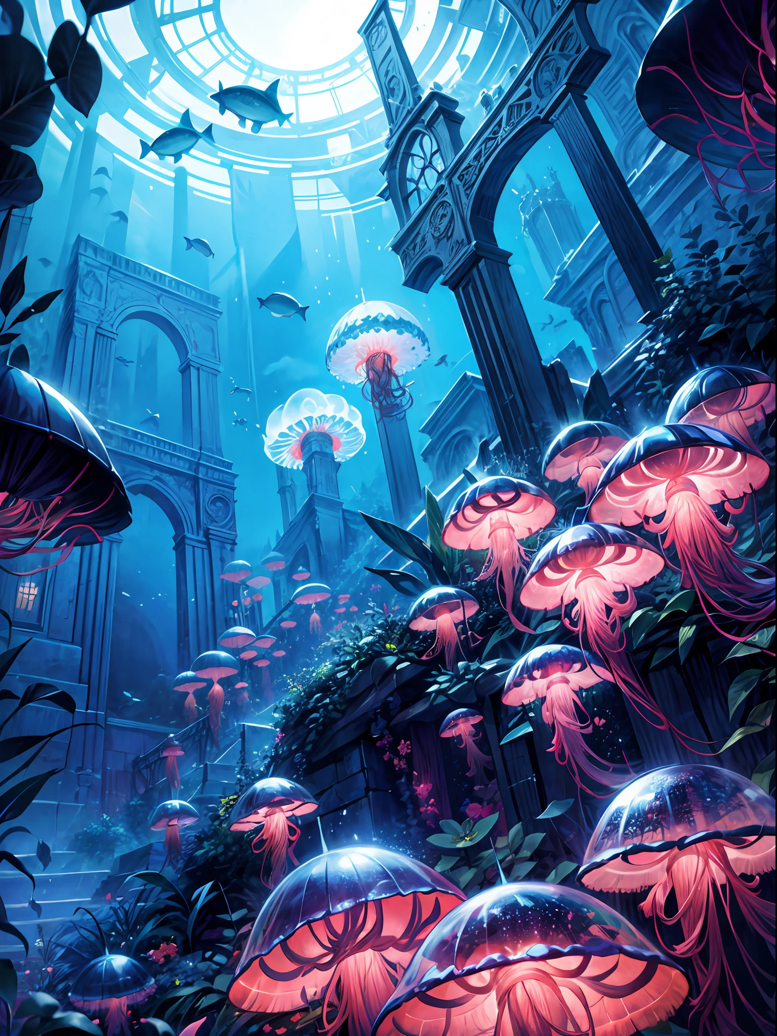 Masterpiece, High Quality, Ocean Forest, City, Fantastic Fantasy, Glowing Plants, Coral Viaduct, (Swarm of Glowing Jellyfish), (Shoal of Fish with Transparent Wings Flying in the Sky), Misty, Extreme Detail, Morning Light, Epic Composition, (Intricate Detail), (Intricate Design, Ultra Detail: 1.2), Art Station, (Masterpiece, Best Quality), Ultra HD, 32k ,castle,1girl