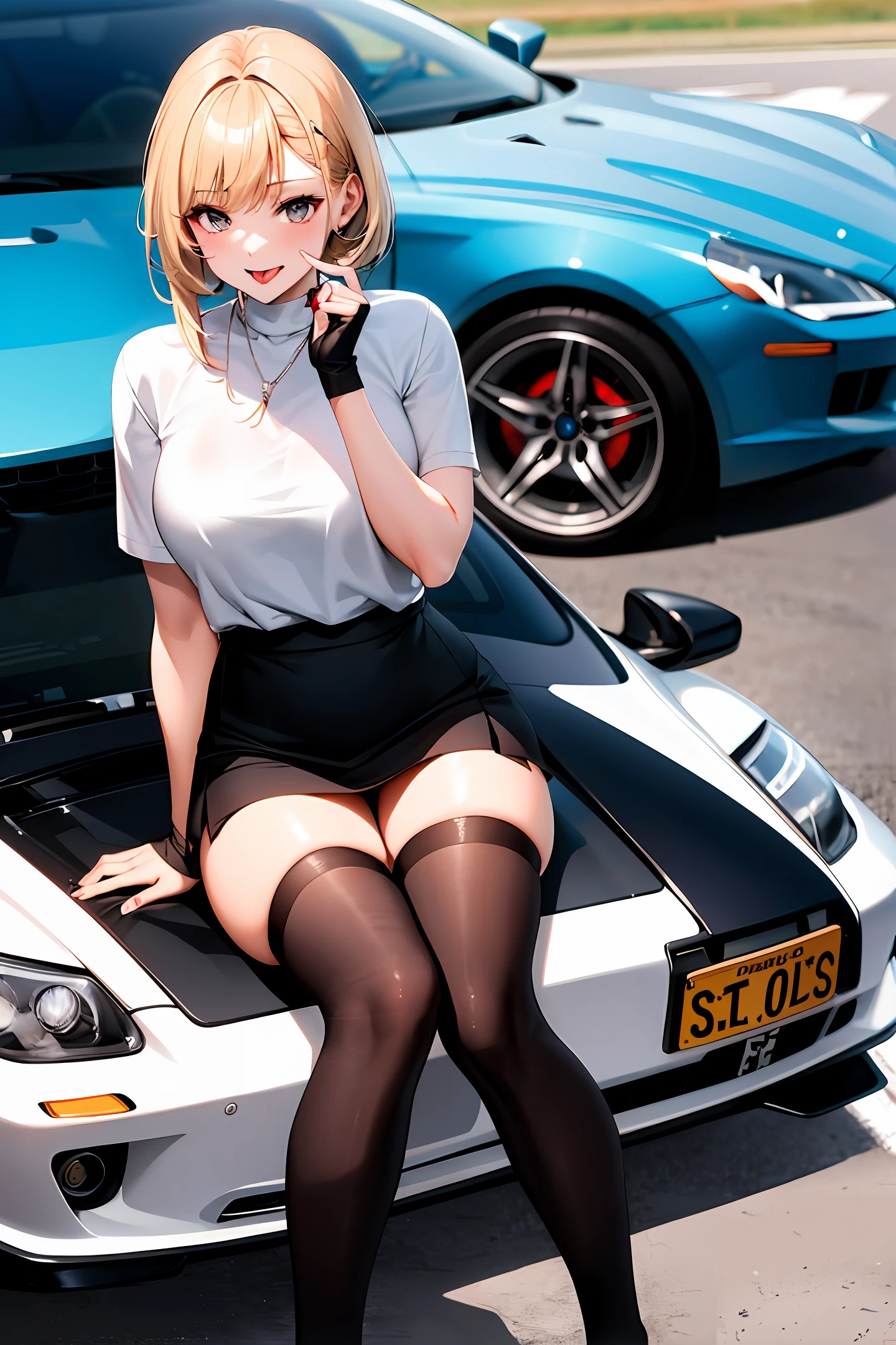 A teenage girl,black short skirt,black over-the-knee socks,Black sock ring,Cute and sexy,Stick out your tongue
Leaning next to a Japanese modified sports car from the 90s