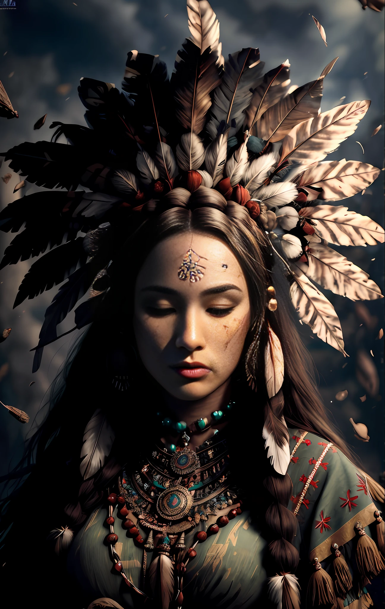(full portrait), (half shot), solo, detailed background, detailed face, (stonepunkAI, stone theme:1.1), wise, (female), (native american), (beautiful hair, braids:0.2), shaman, septum piercing, mystical, (gorgeous face), stunning, head tilted upwards, (eyes closed, serene expression), calm, meditating, Seafoam Green frayed clothes, prayer beads, tribal jewelry, feathers in hair, headdress:0.33, jade, obsidian, detailed clothing, cleavage, realistic skin texture, (floating particles, water swirling, embers, ritual, whirlwind, wind:1.2), sharp focus, volumetric lighting, good highlights, good shading, subsurface scattering, intricate, highly detailed, ((cinematic)), dramatic, (highest quality, award winning, masterpiece:1.5), (photorealistic:1.5), (intricate symmetrical warpaint:0.5),