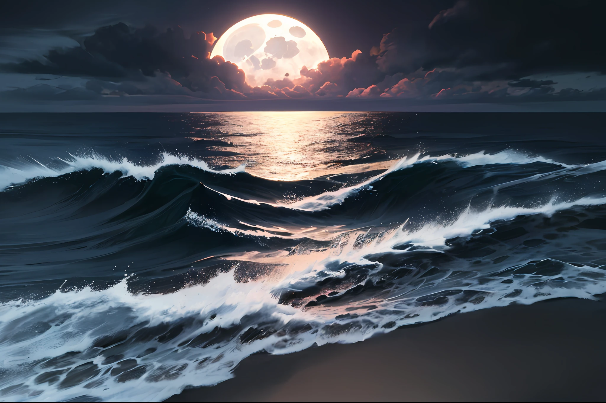 ((dark, dark atmosphere:1.4)), (masterpiece, best quality), ((scenery))), ((no humans:1.4)), dark fantasy, 16th century, (fishing village on the shore: 1.2), (wind, cloudy, dark clouds:1.3), (undersea, waves, foam:1.2), (moonlight, evening:1.4), ( motion blur), wide angle, dramatic, 16k wallpapers, anime screenshots, (absurd, highly detailed, intricate high detail: 1.4), depth of field, atmospheric perspective,