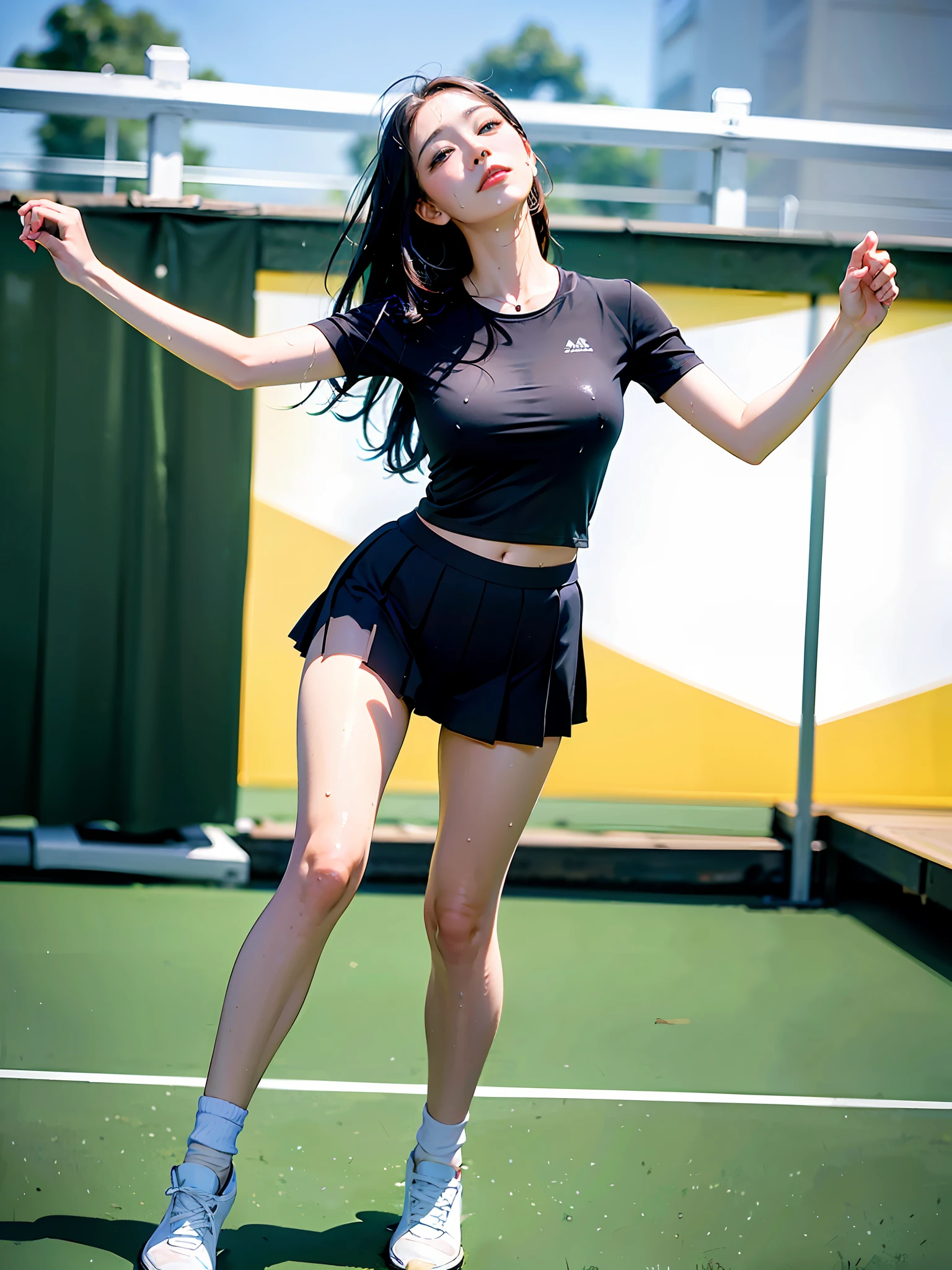 (8k, Best Quality, Masterpiece: 1.2), (Realistic, Realistic: 1.37), Ultra Detailed, Best Quality, Ultra High Resolution, Professional Lighting, Photon Mapping, Radiosity, Physically Based Rendering, Cinematic Lighting, Clear sky, basketball court, depth of field, clear focus, sunlight, good composition, (Bokeh: 1.2) 1girl, single person, (full body), (closed mouth), beautiful detailed eyes, pose, narrow waist, tennis skirt, tennis skirt, tennis clothes, black hair, messy hair, long hair blowing in the wind, (ulzzang-6500:1.2), pantyhose, (rain, perspective, wet shirt, wet hair, wet clothes: 1.2 ),