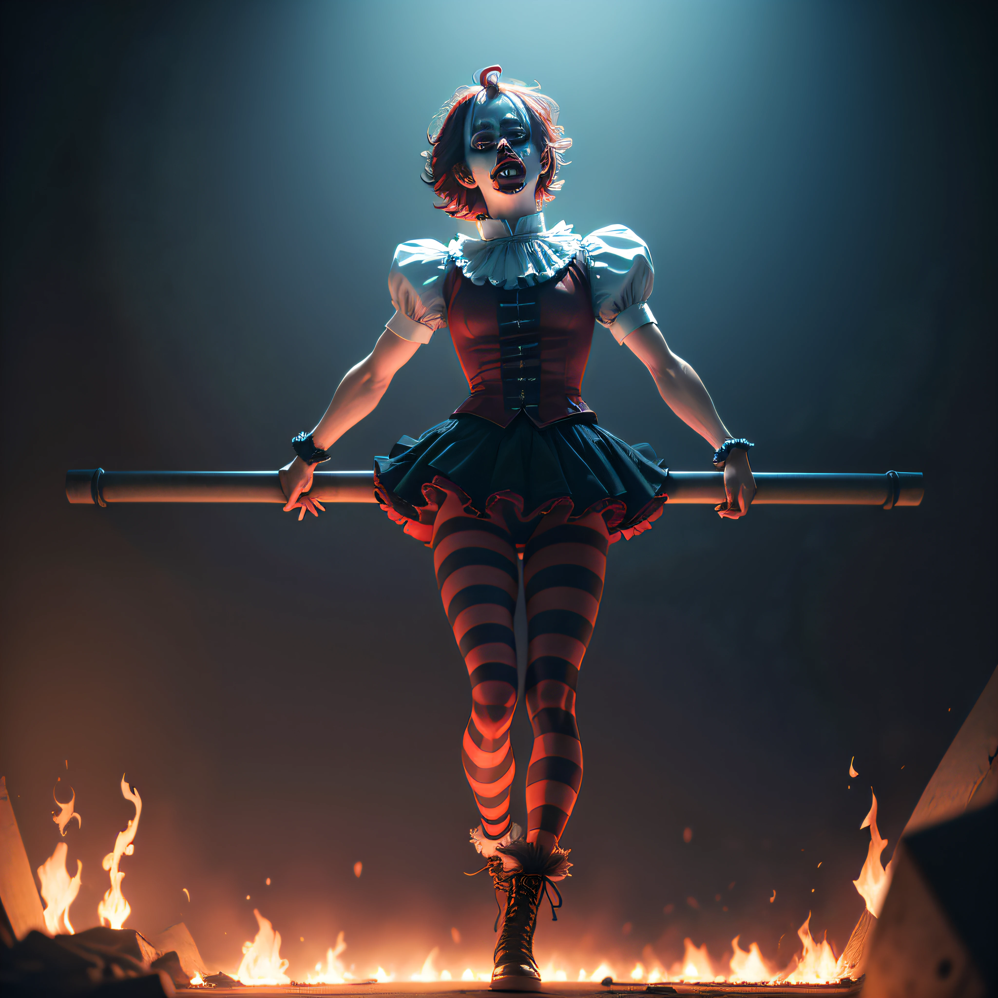 Malevolent Circus Tricks An image showcasing an evil clown performing twisted and dangerous tricks, such as juggling flaming objects or walking on a tightrope suspended over a pit of darkness, Ultra realism, color field printing, high detail, UHD, 8k, anatomically correct, cinematic lighting 4d quality --auto