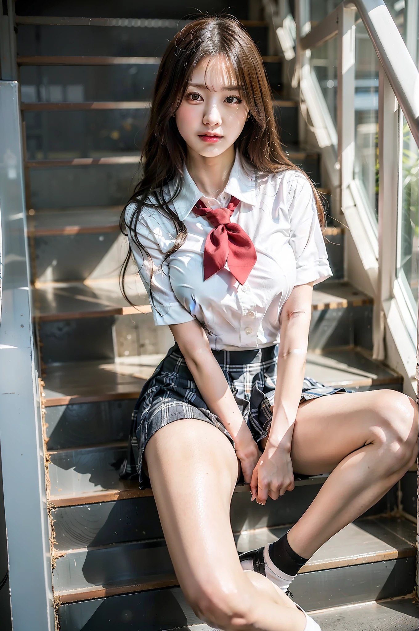 Best quality at best , High accuracy , Perfect Lighting , RAW phenomenon , Beautiful skin , 1 Japan Beautiful girl、Shinei High School Uniform(White blouse、Check skirt)、Obscene big breasts、Obscene legs、Pants visible from between the crotches、Raw feet、detailed face with、Going down the stairs